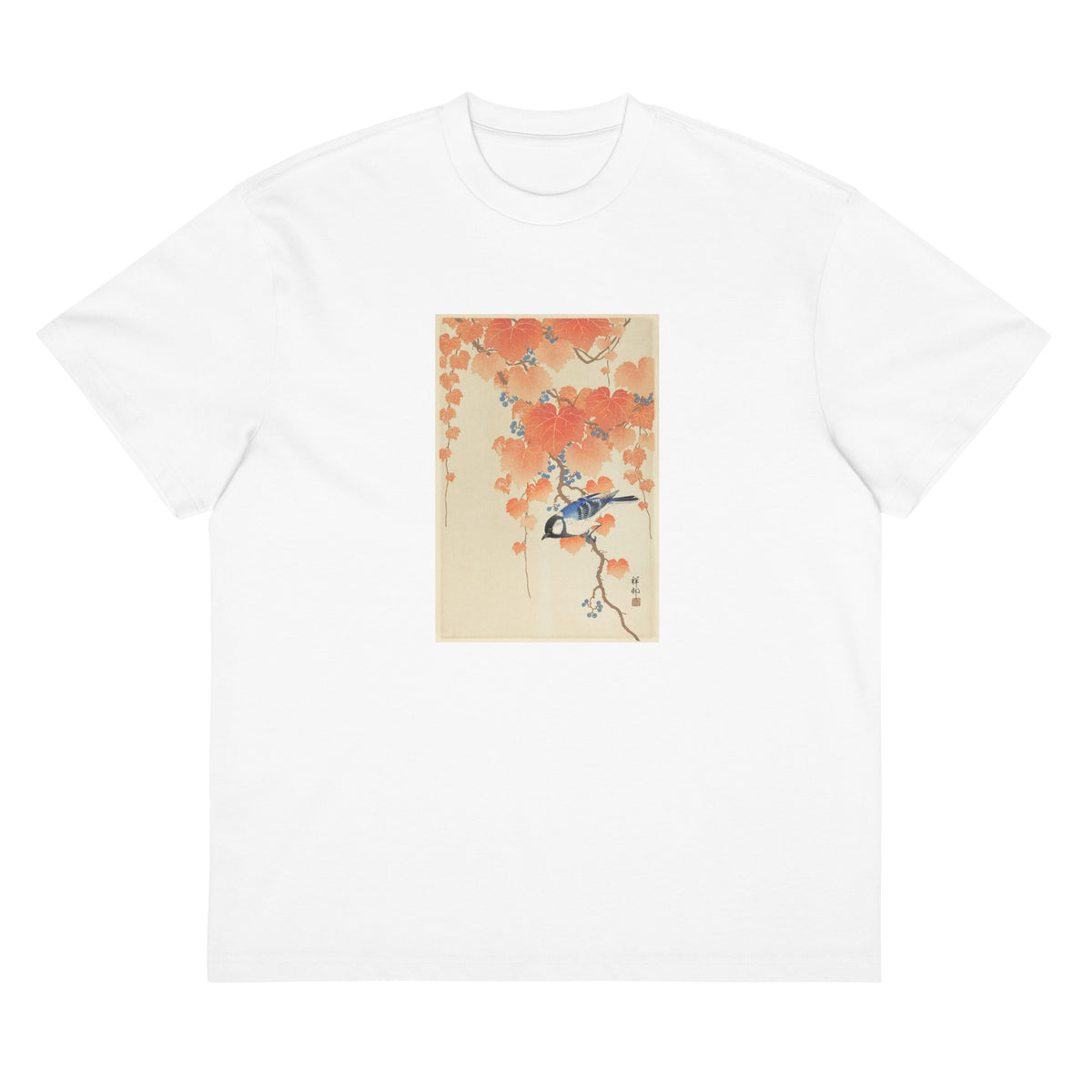 White T-shirt Great Tit On Paulownia Branch - Ohara Koson 1925 Signature