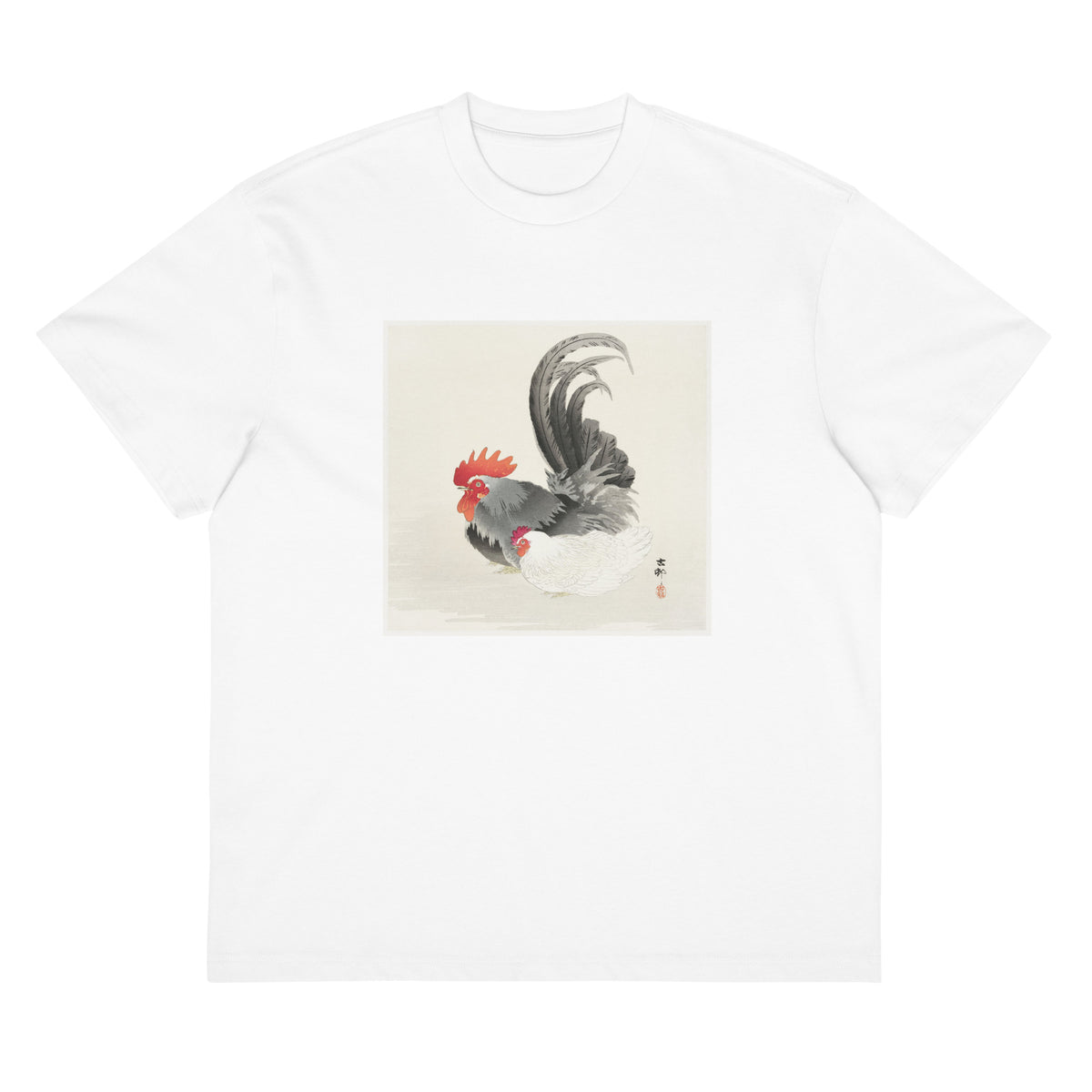 White T-shirt Chicken And Cock - Ohara Koson 1900 Signature