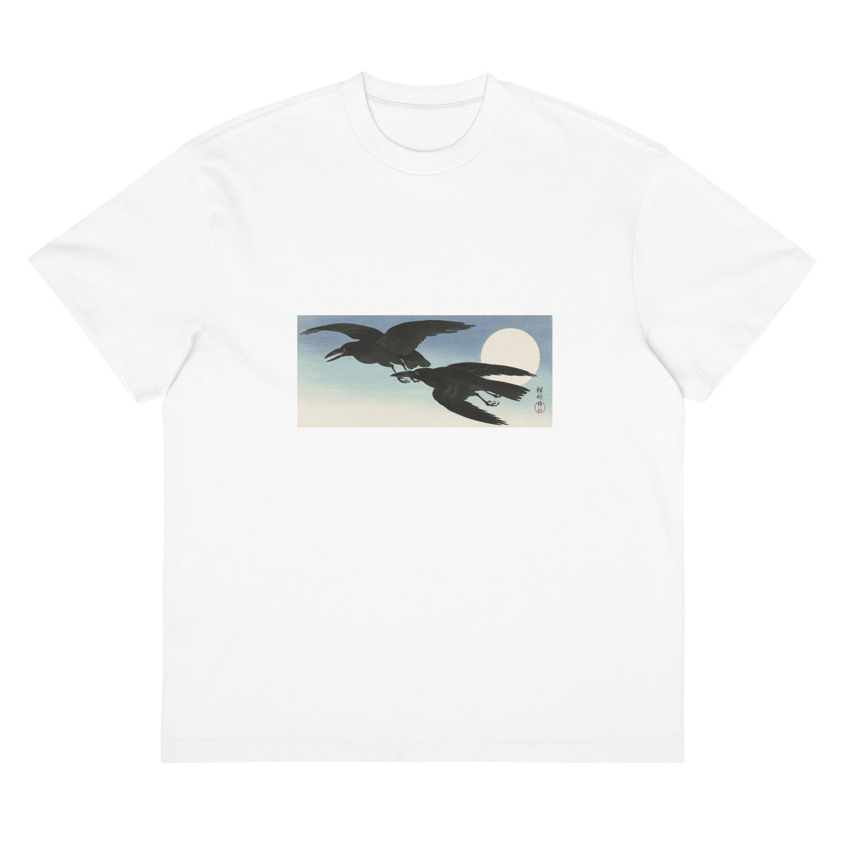 White T-shirt Crows At Full Moon - Ohara Koson 1925 Signature