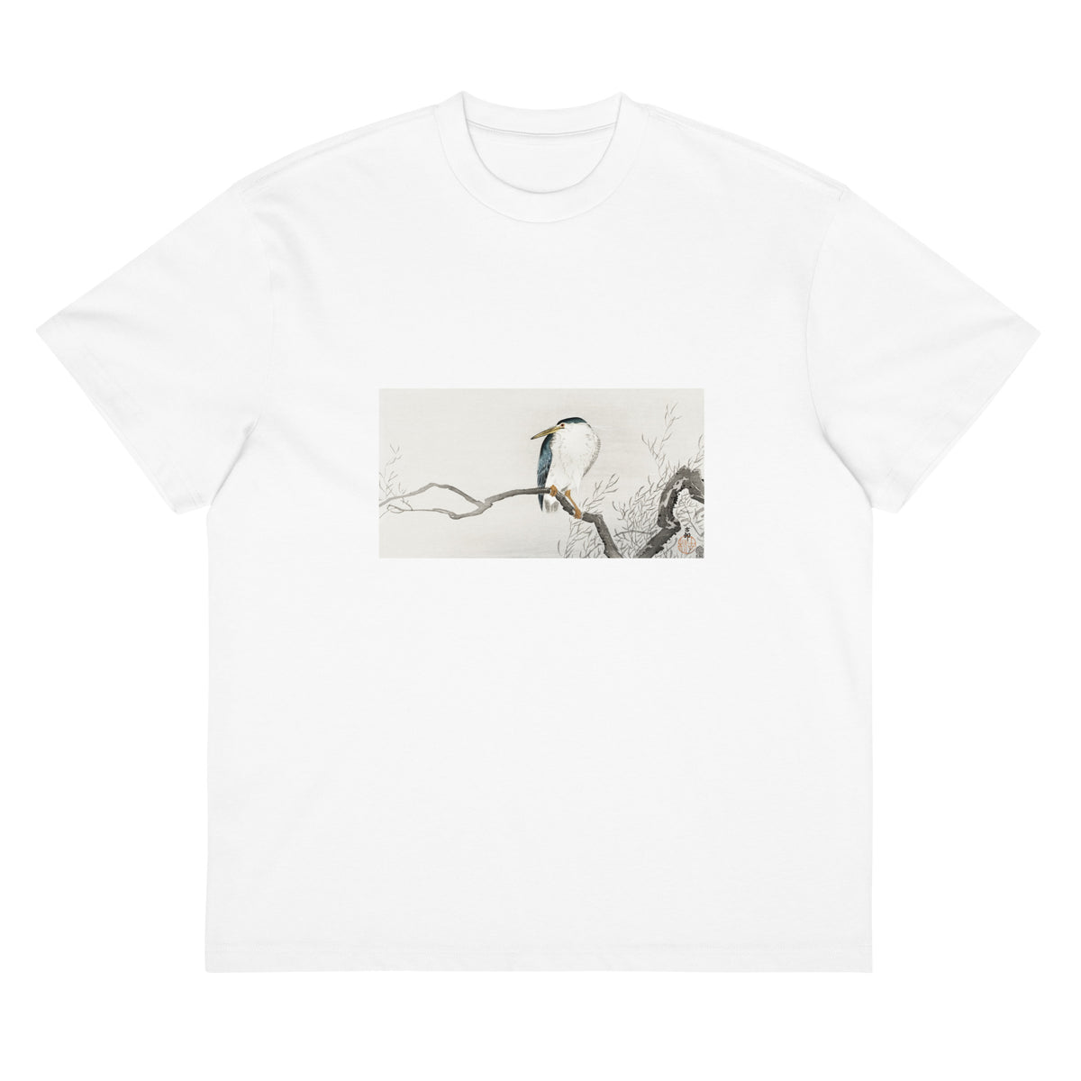 White T-shirt Quack On Erratic Branch - Ohara Koson 1900 Signature