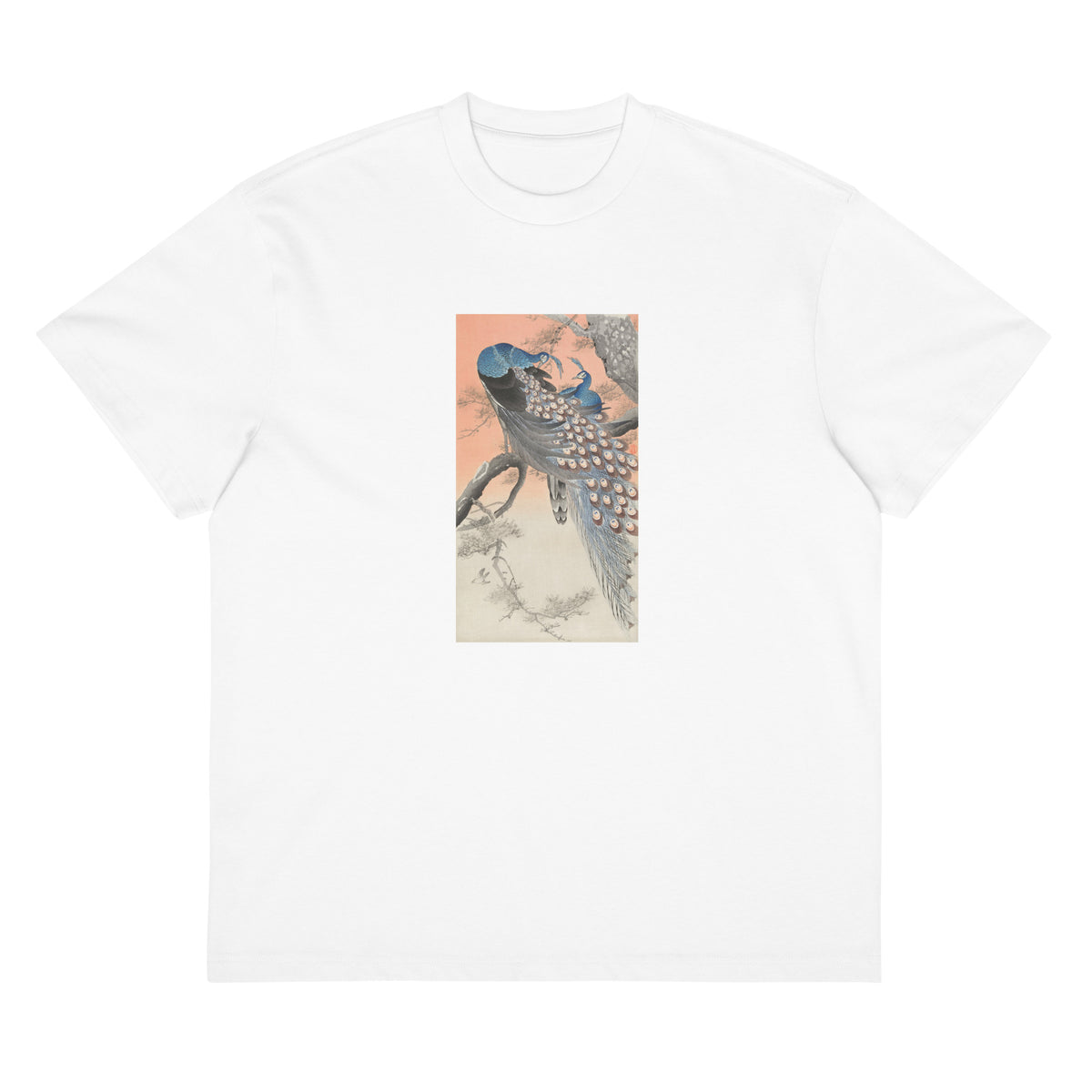 White T-shirt Two Peacocks On Tree Branch - Ohara Koson 1900 Signature