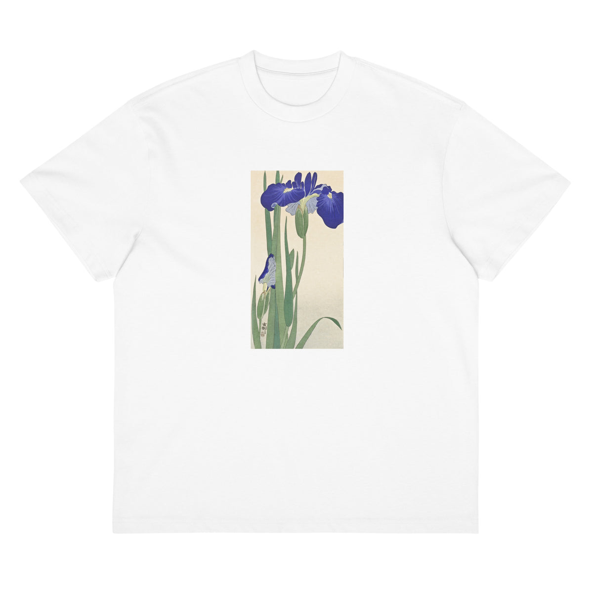 White T-shirt Blue Irises - Ohara Koson 1900 Signature