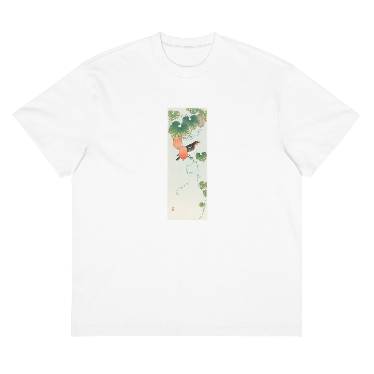 White T-shirt Songbird In Cucumber Plant - Ohara Koson 1925 Signature