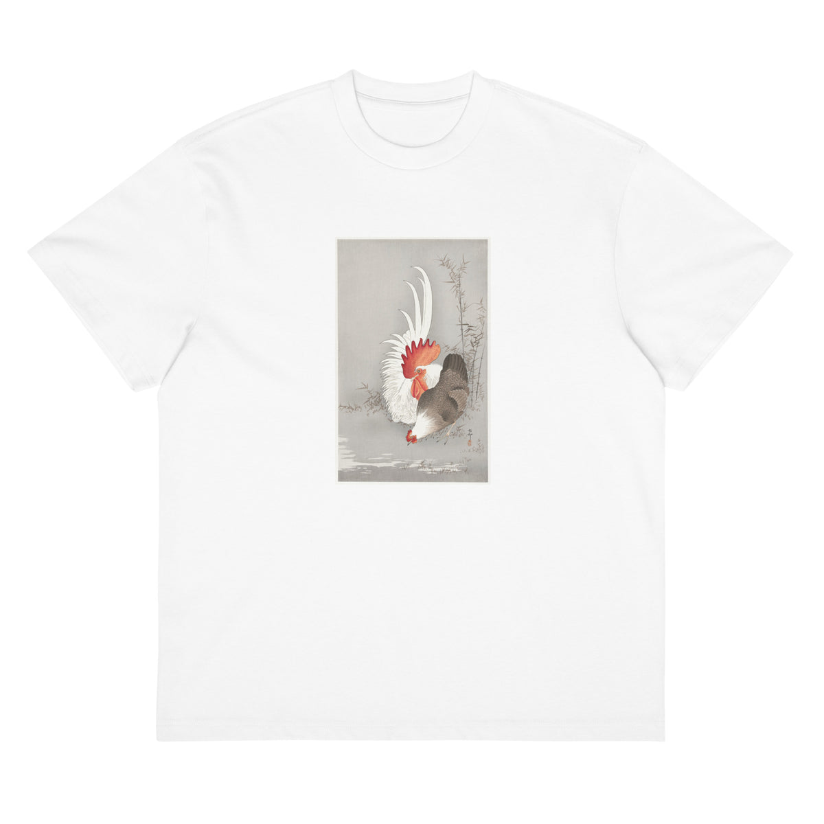 White T-shirt Rooster And Chicken - Ohara Koson 1900 Signature