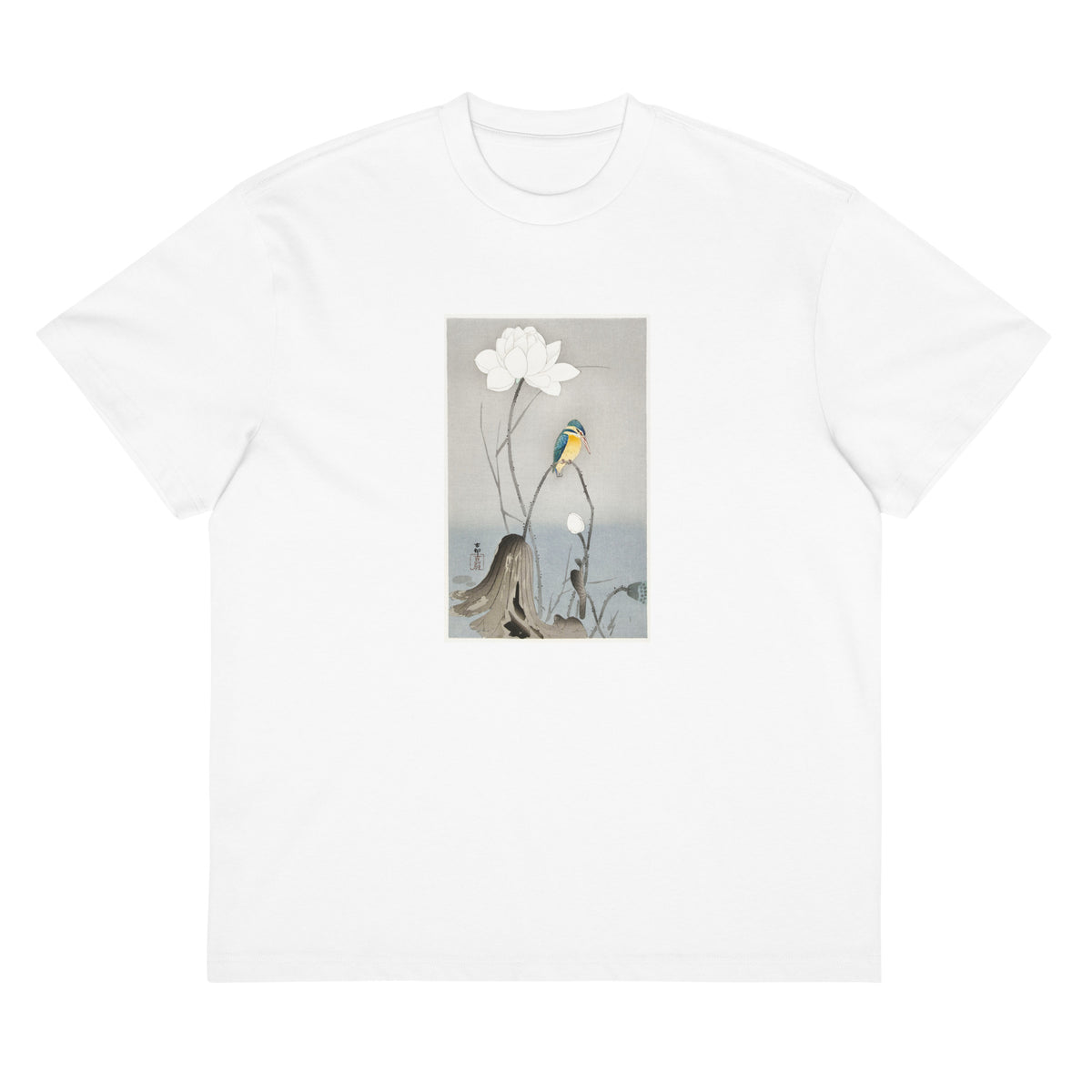White T-shirt Kingfisher With Lotus Flower - Ohara Koson 1900 Signature