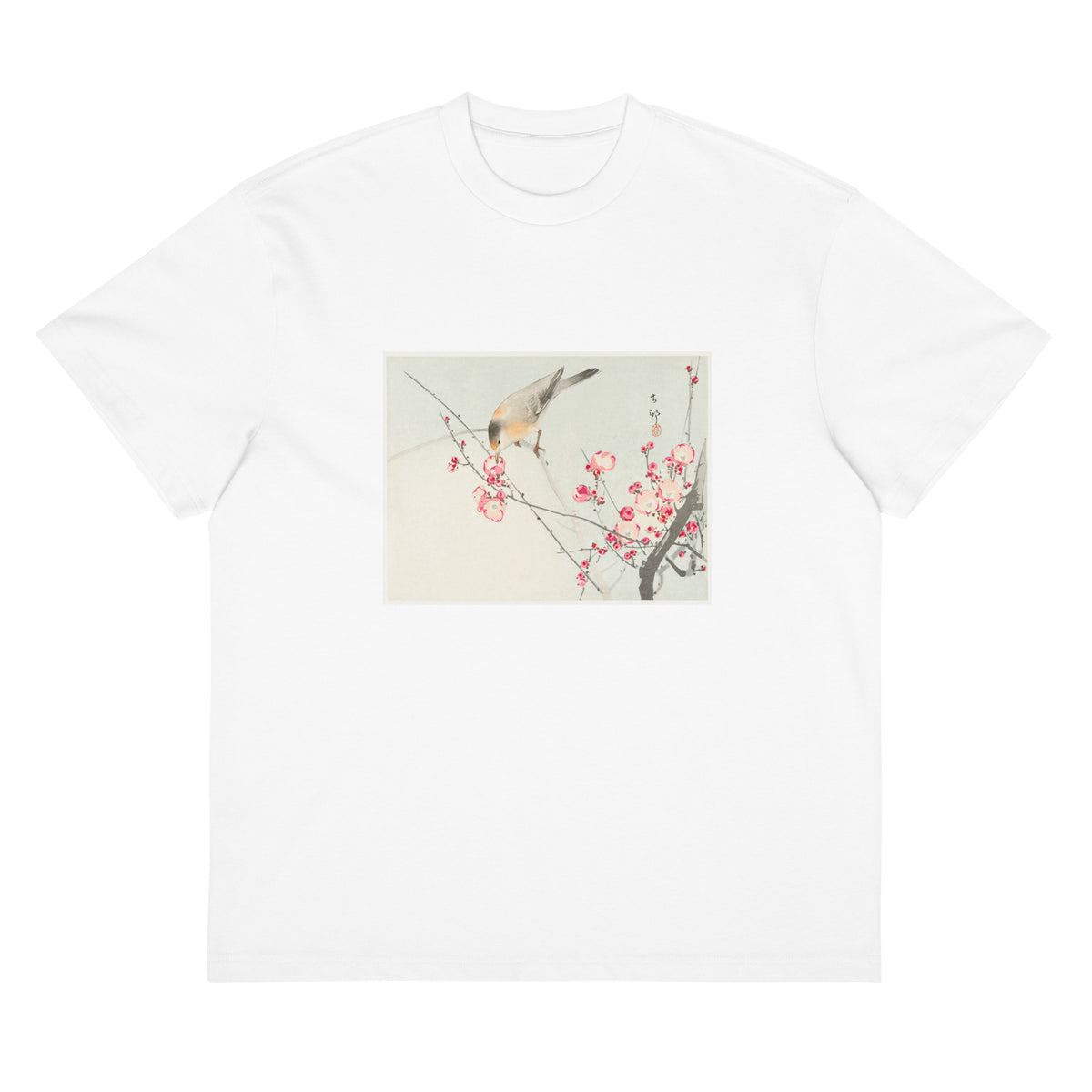 White T-shirt Songbird On Blossom Branch - Ohara Koson 1900 Signature