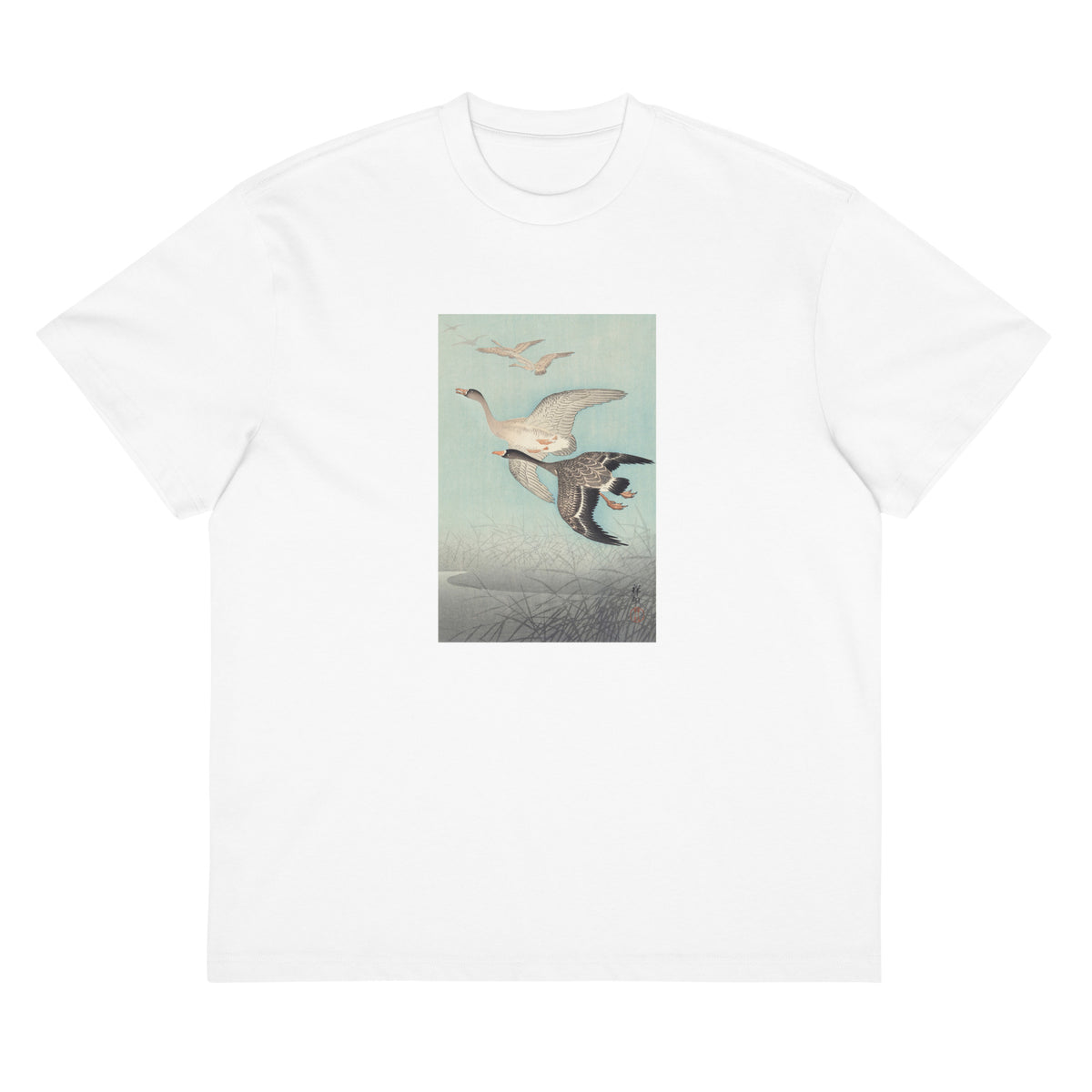 White T-shirt Great Geese In Flight - Ohara Koson 1925 Signature