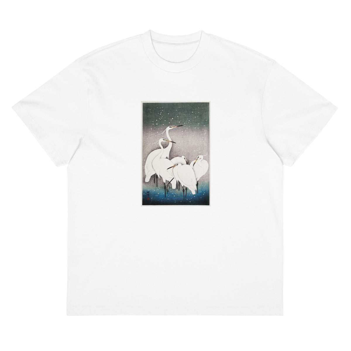 White T-shirt Group Of Egrets - Ohara Koson 1925 Signature