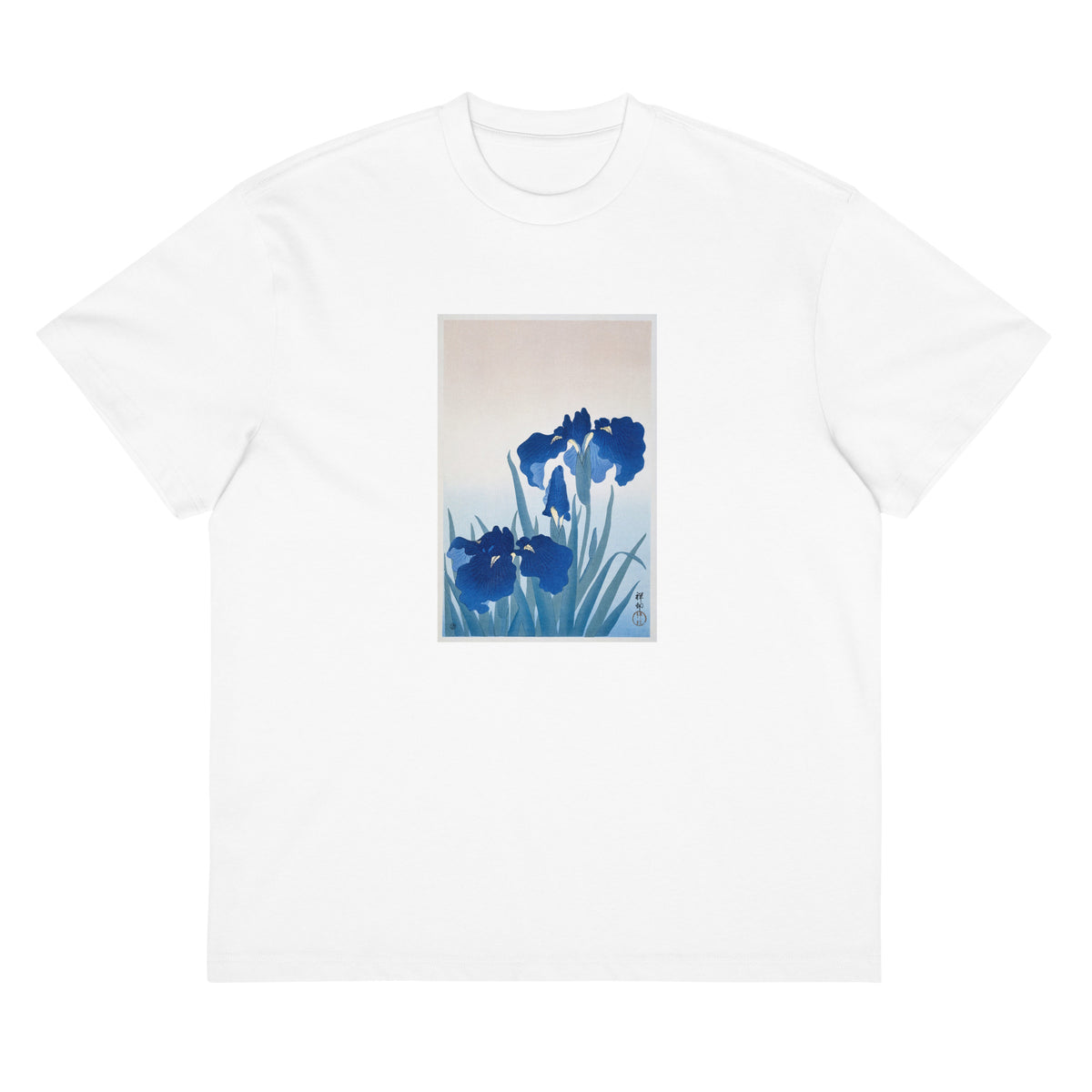 White T-shirt Iris Flowers - Ohara Koson 1925 Signature