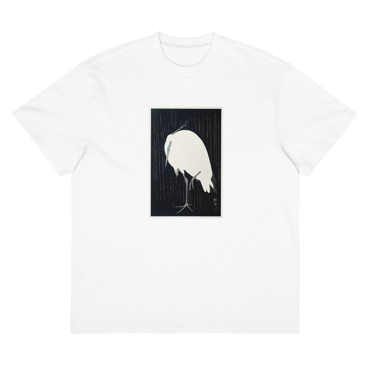 White T-shirt Egret In The Rain - Ohara Koson 1925 Signature