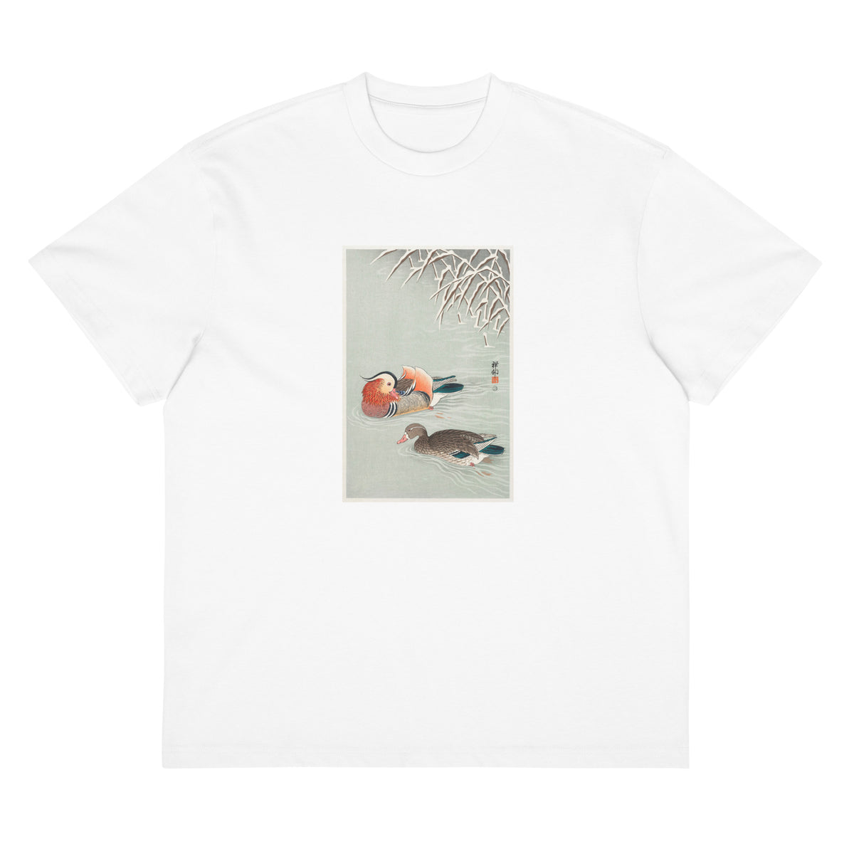 White T-shirt Mandarin Ducks - Ohara Koson 1925 Signature