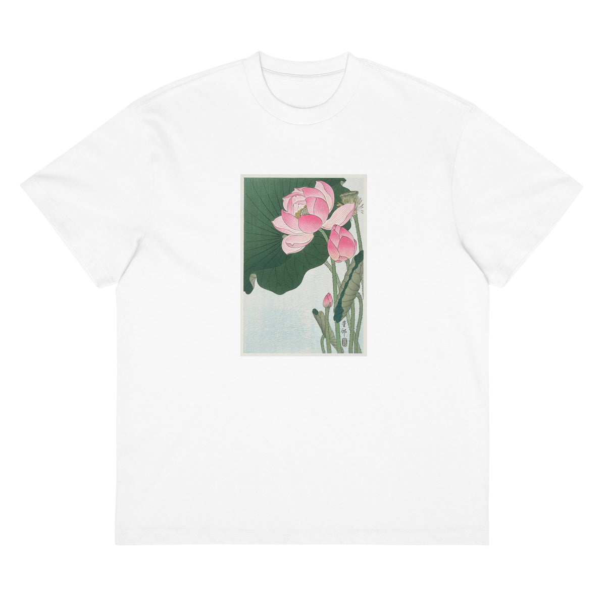 White T-shirt Blooming Lotus Flowers - Ohara Koson 1920 Signature