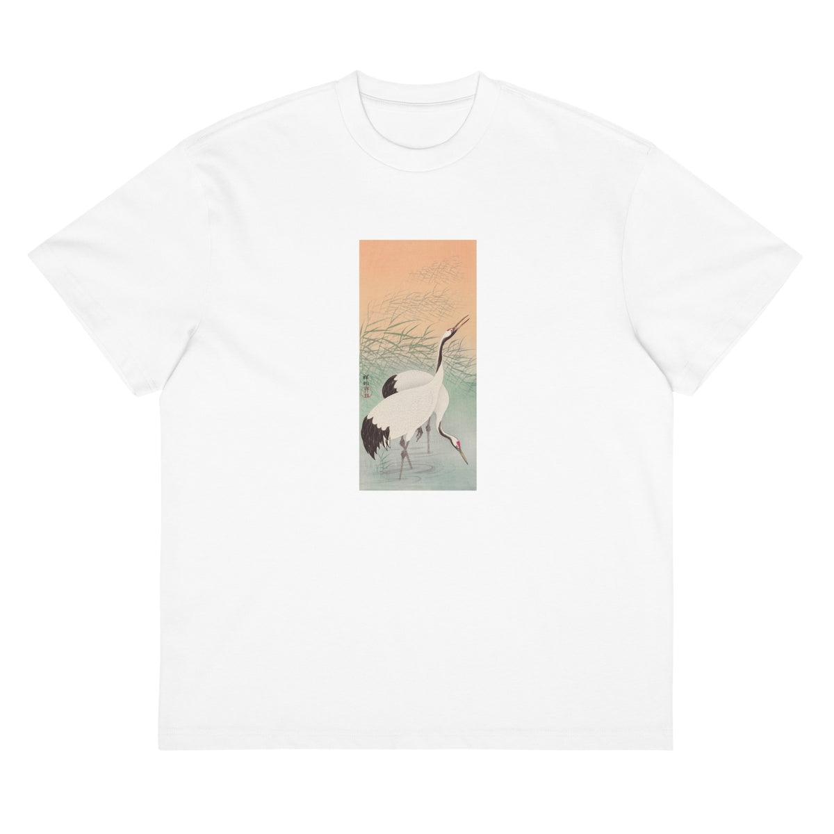 White T-shirt Two Cranes - Ohara Koson 1925 Signature