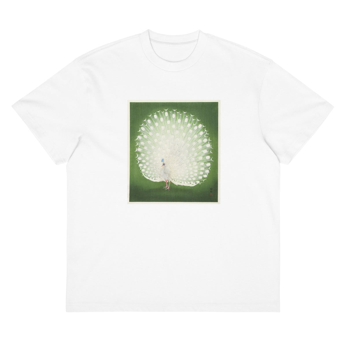 White T-shirt Peacock - Ohara Koson 1925 Signature