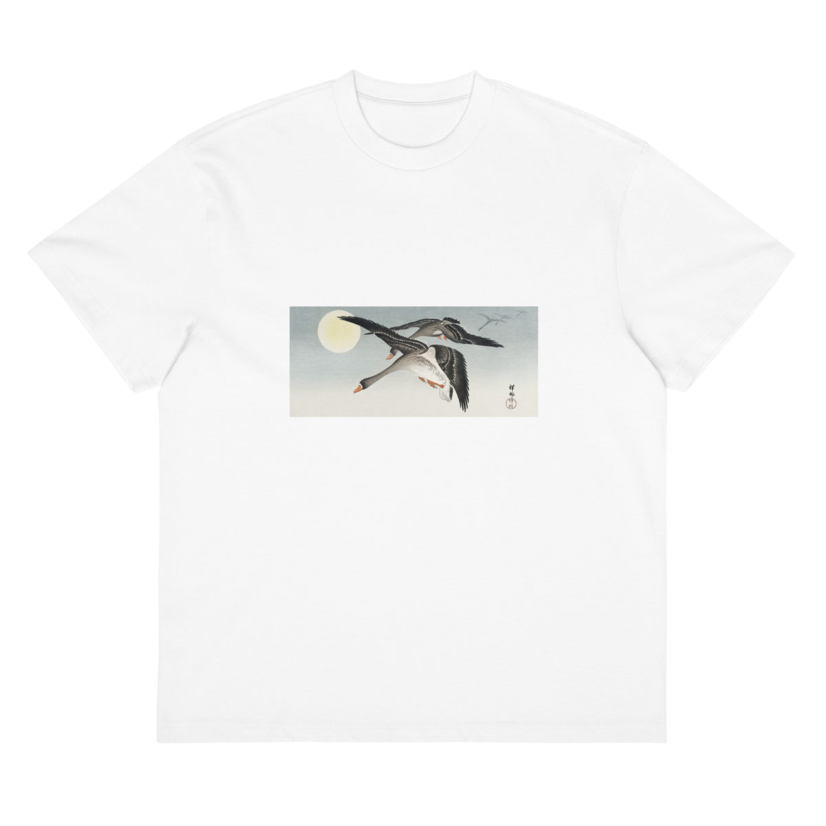 White T-shirt Birds At Full Moon - Ohara Koson 1900 Signature