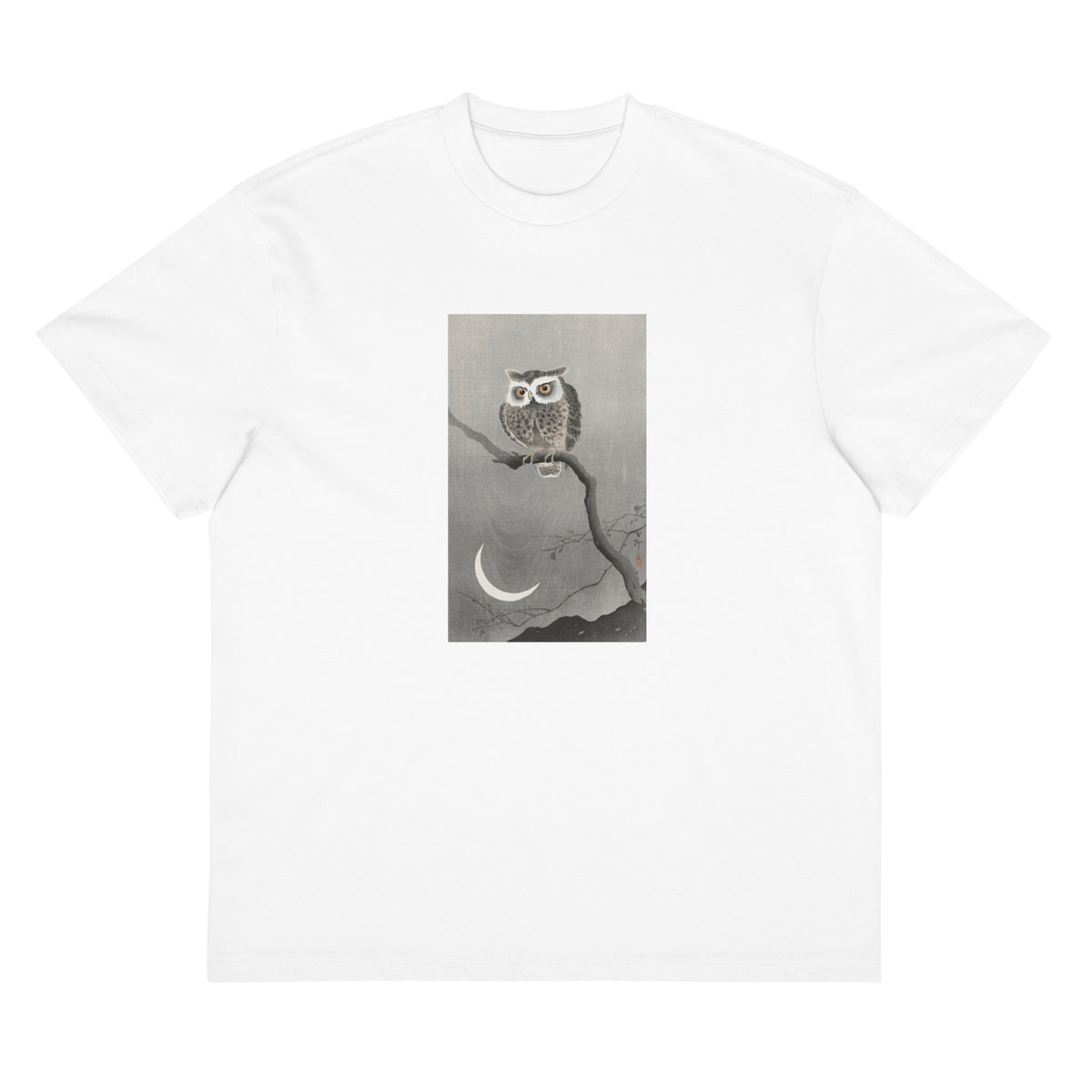 White T-shirt Long-Eared Owl On Bare Tree Branch - Ohara Koson 1900 Signature