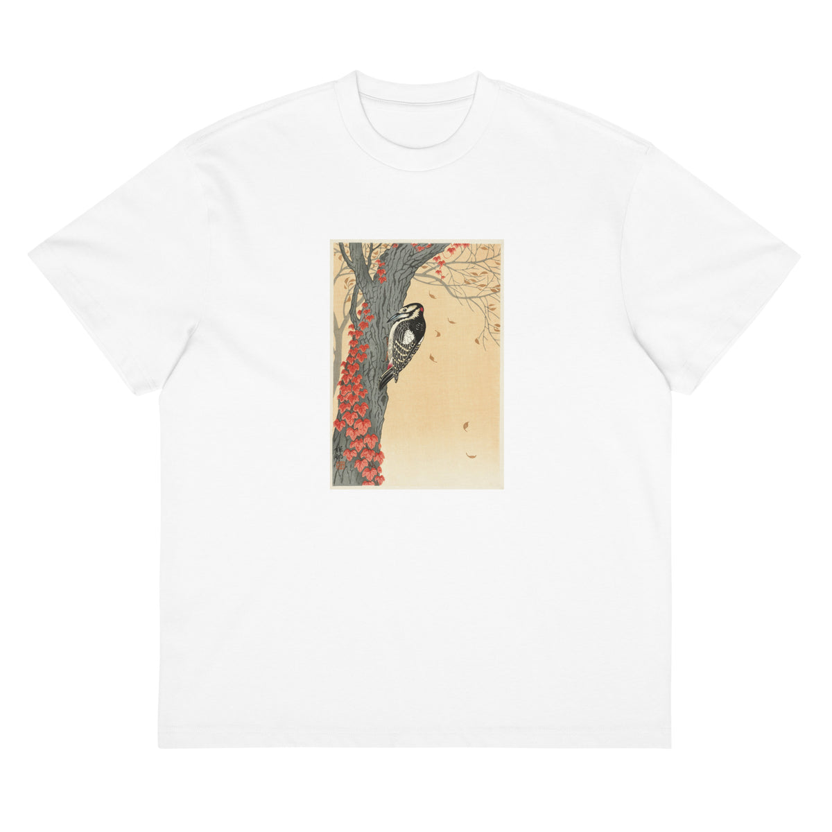 White T-shirt Great Spotted Woodpecker In Tree With Red Ivy - Ohara Koson 1925 Signature