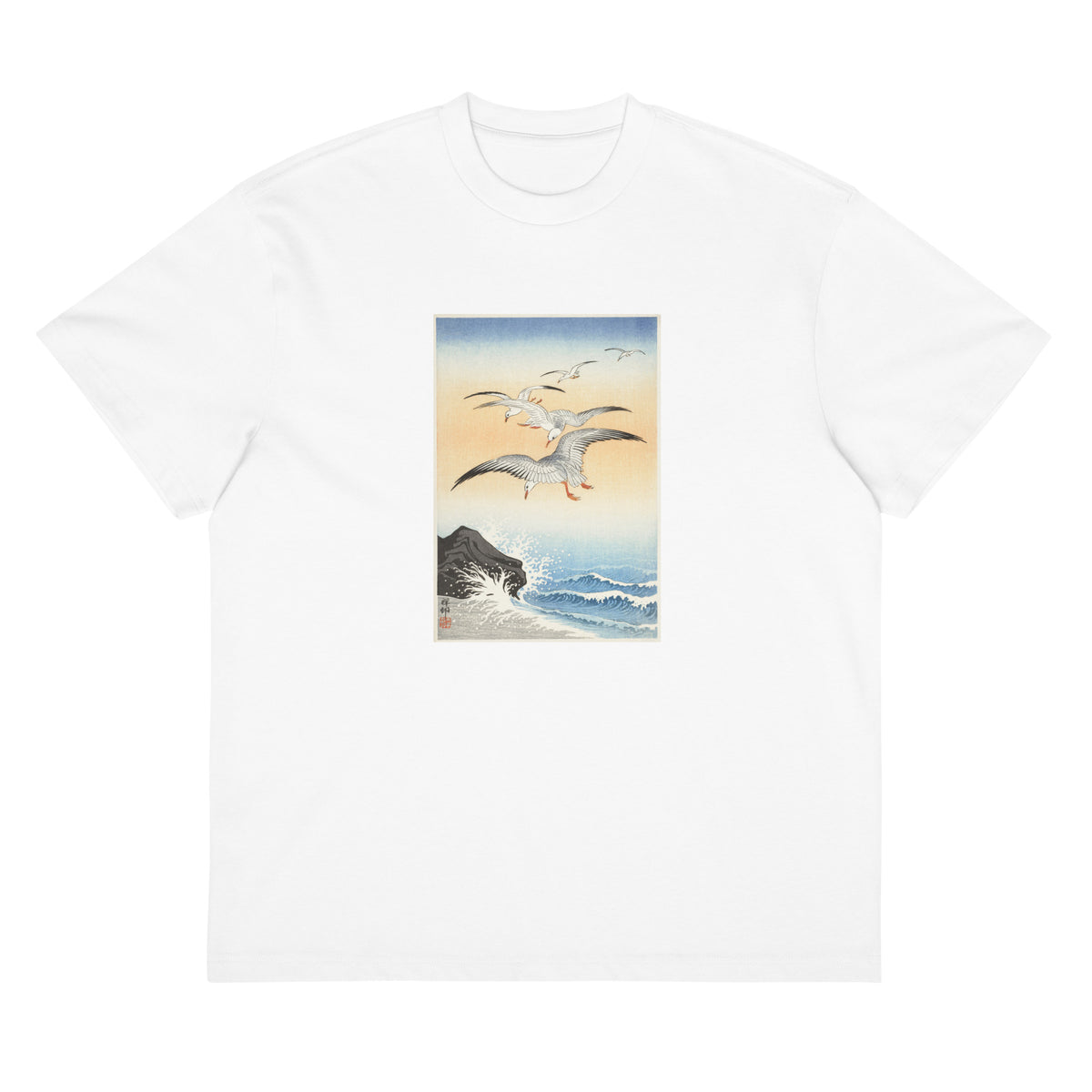 White T-shirt Five Seagulls Above Turbulent Sea - Ohara Koson 1900 Signature