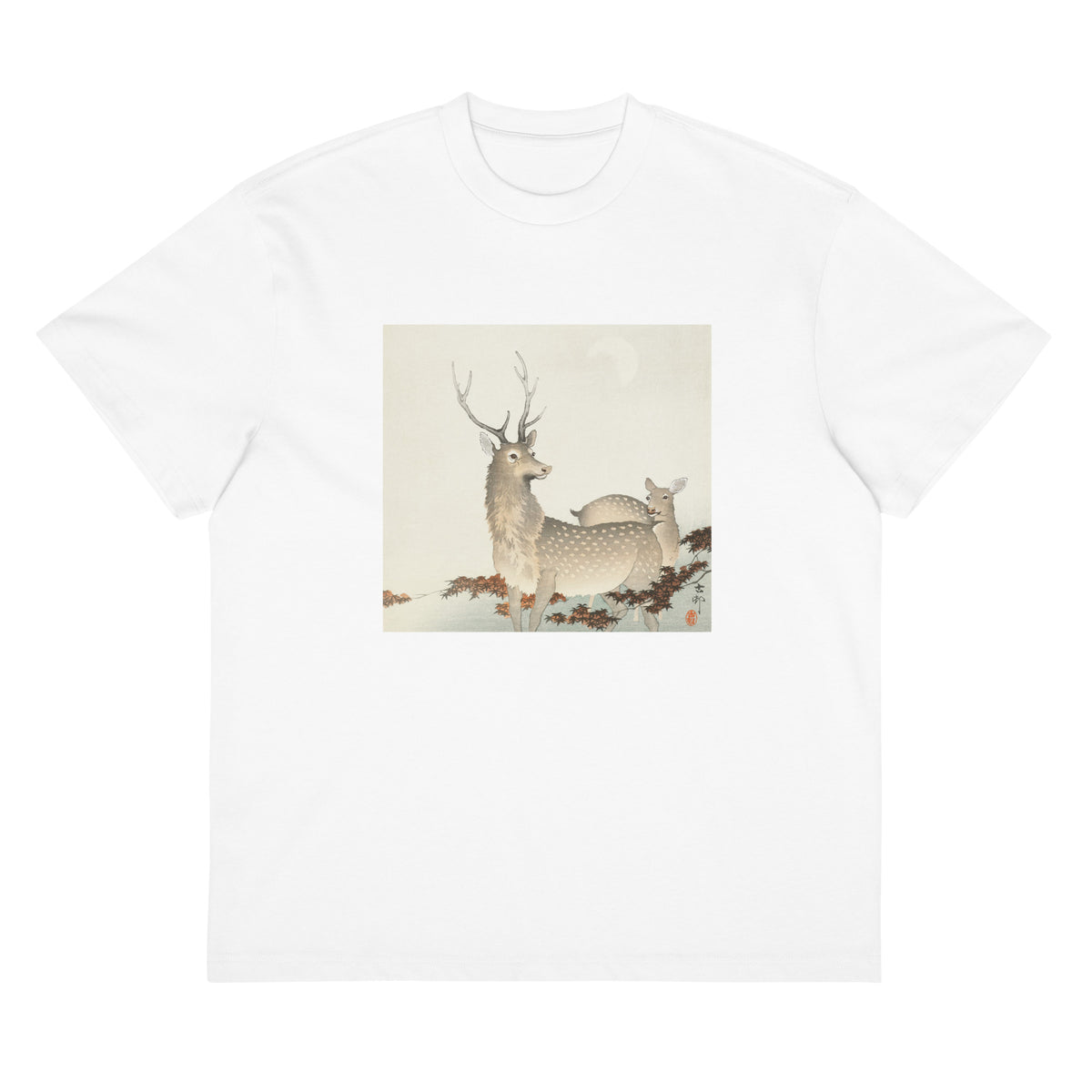 White T-shirt Couple Of Deers - Ohara Koson 1900 Signature