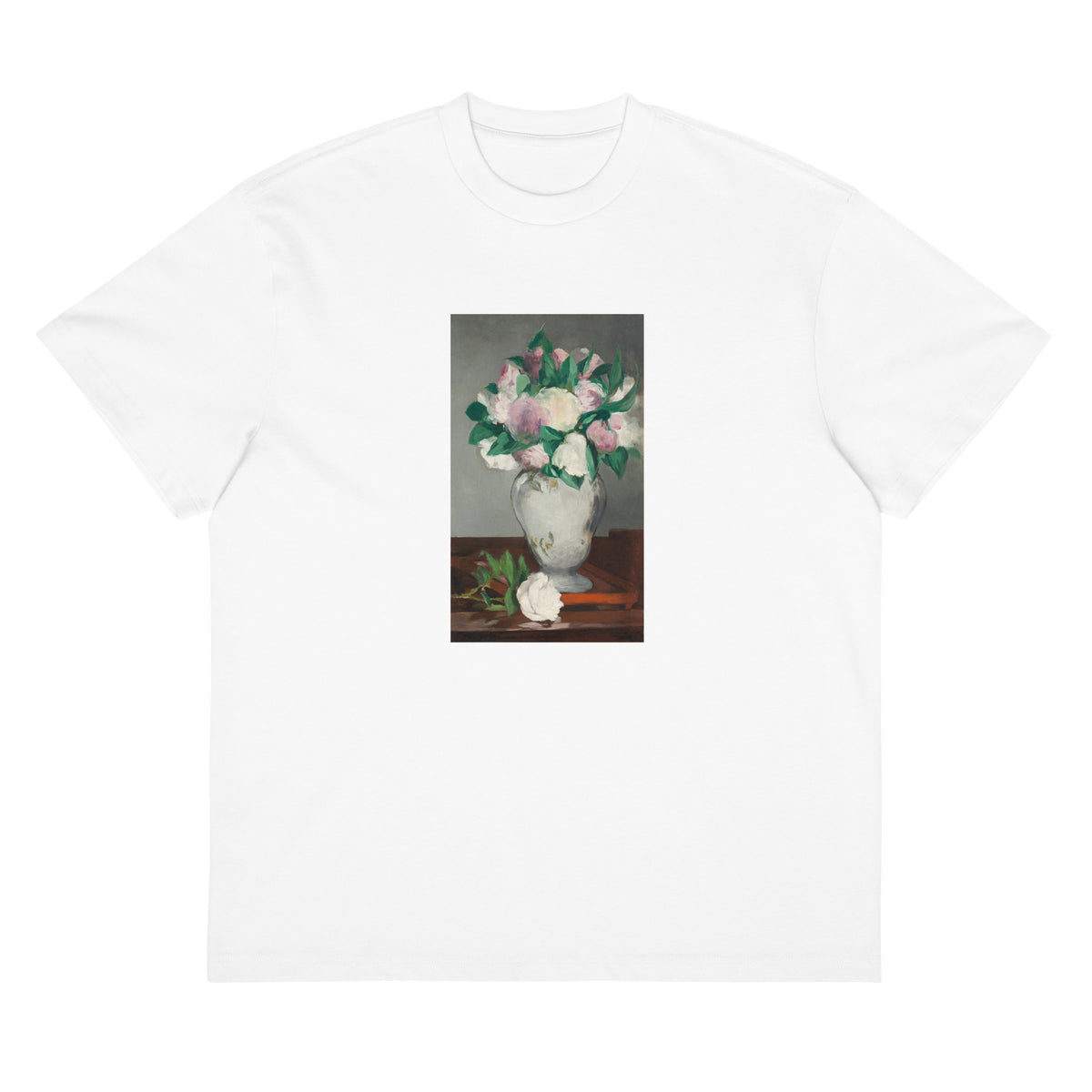 White T-shirt Peonies Painting In High Resolution Signature