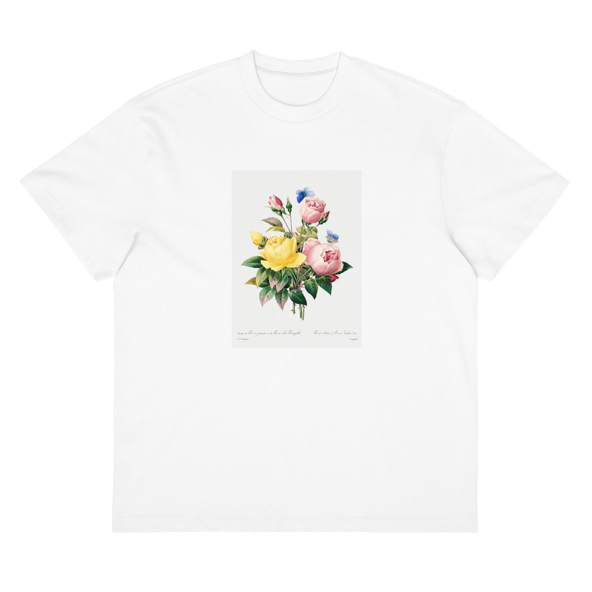 White T-shirt Yellow Rose And Cabbage Rose - Pierre-Joseph Redoute 1759 Signature
