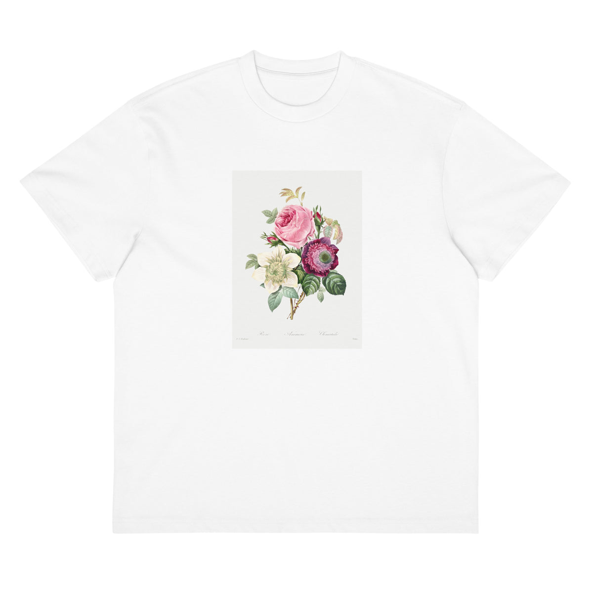 White T-shirt Anemone And Cabbage Rose - Pierre-Joseph Redoute 1759 Signature