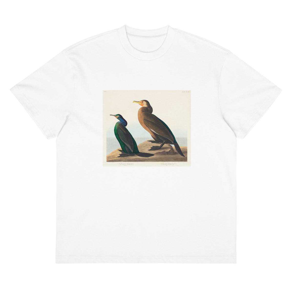 White T-shirt Violet-Green Cormorant And Townsend S Cormorant - John James Audubon 1827 Signature