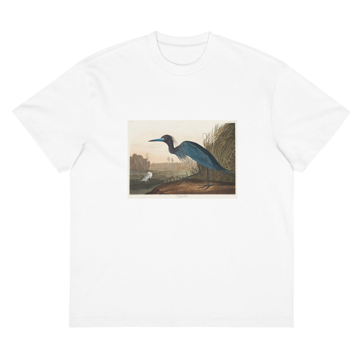 White T-shirt Blue Crane Or Heron Signature