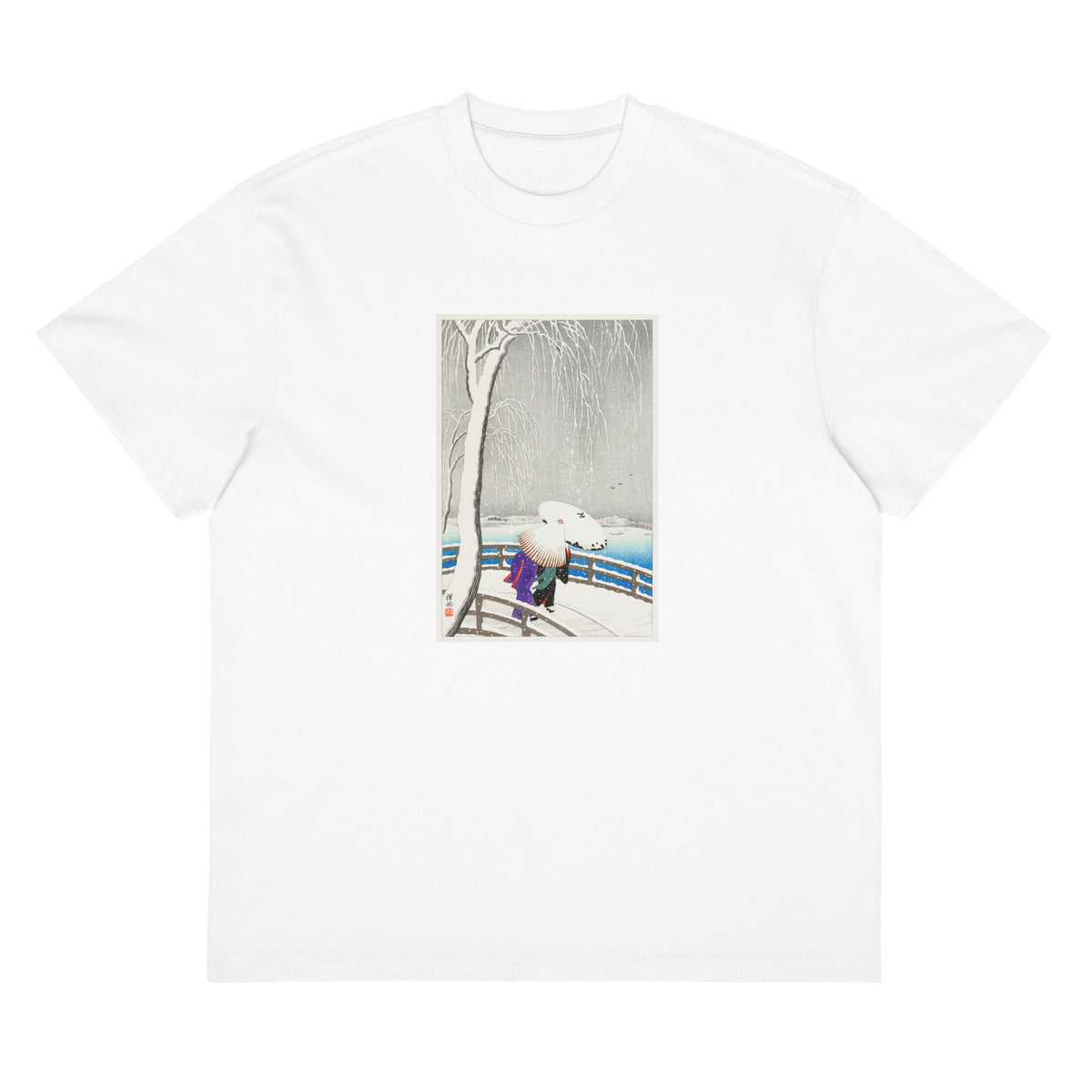 White T-shirt Two Women In The Snow On Yanagi Bridge - Ohara Koson 1927 Signature