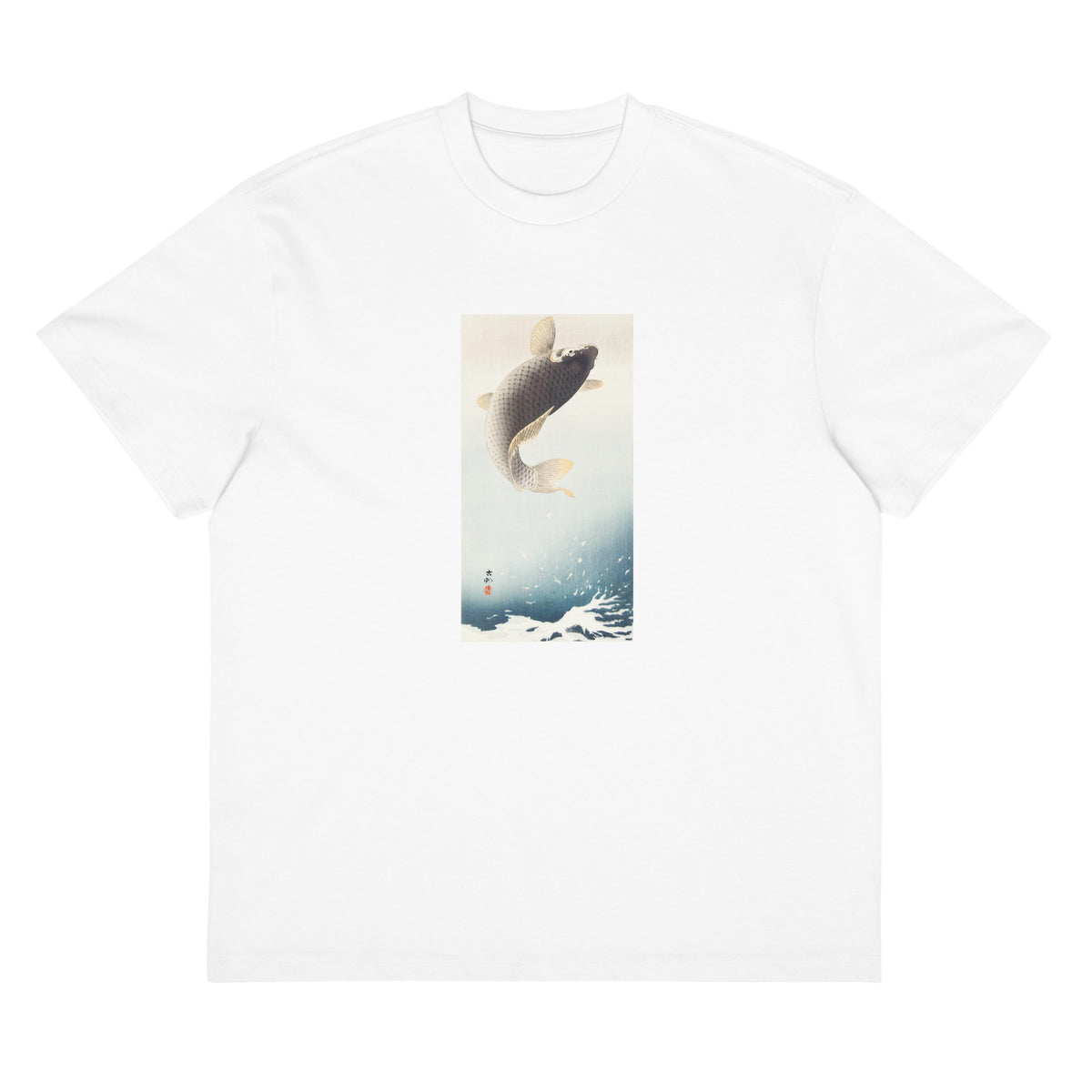 White T-shirt A Jumping Carp - Ohara Koson 1900 Signature