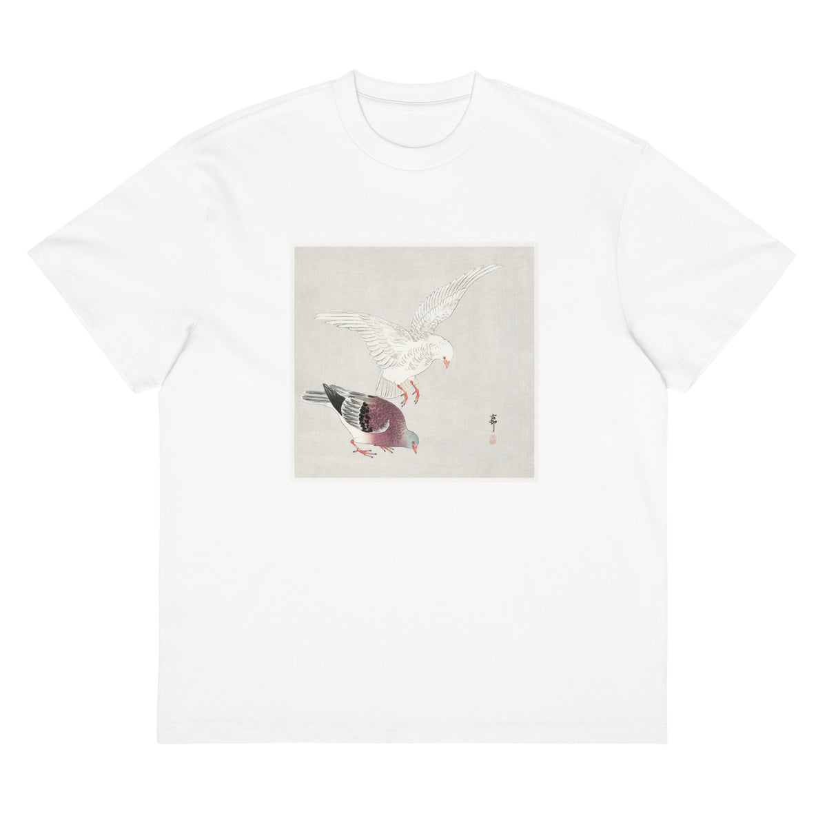 White T-shirt Two Pigeons - Ohara Koson 1877 Signature