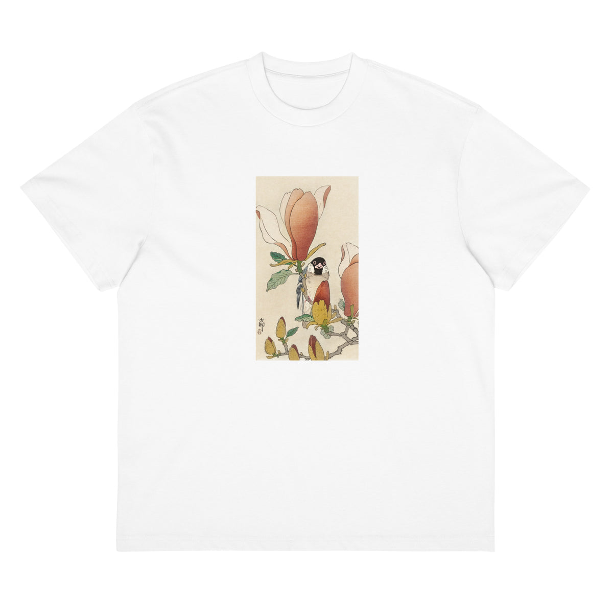 White T-shirt Sparrow On Blooming Magnolia Branch - Ohara Koson 1900 Signature