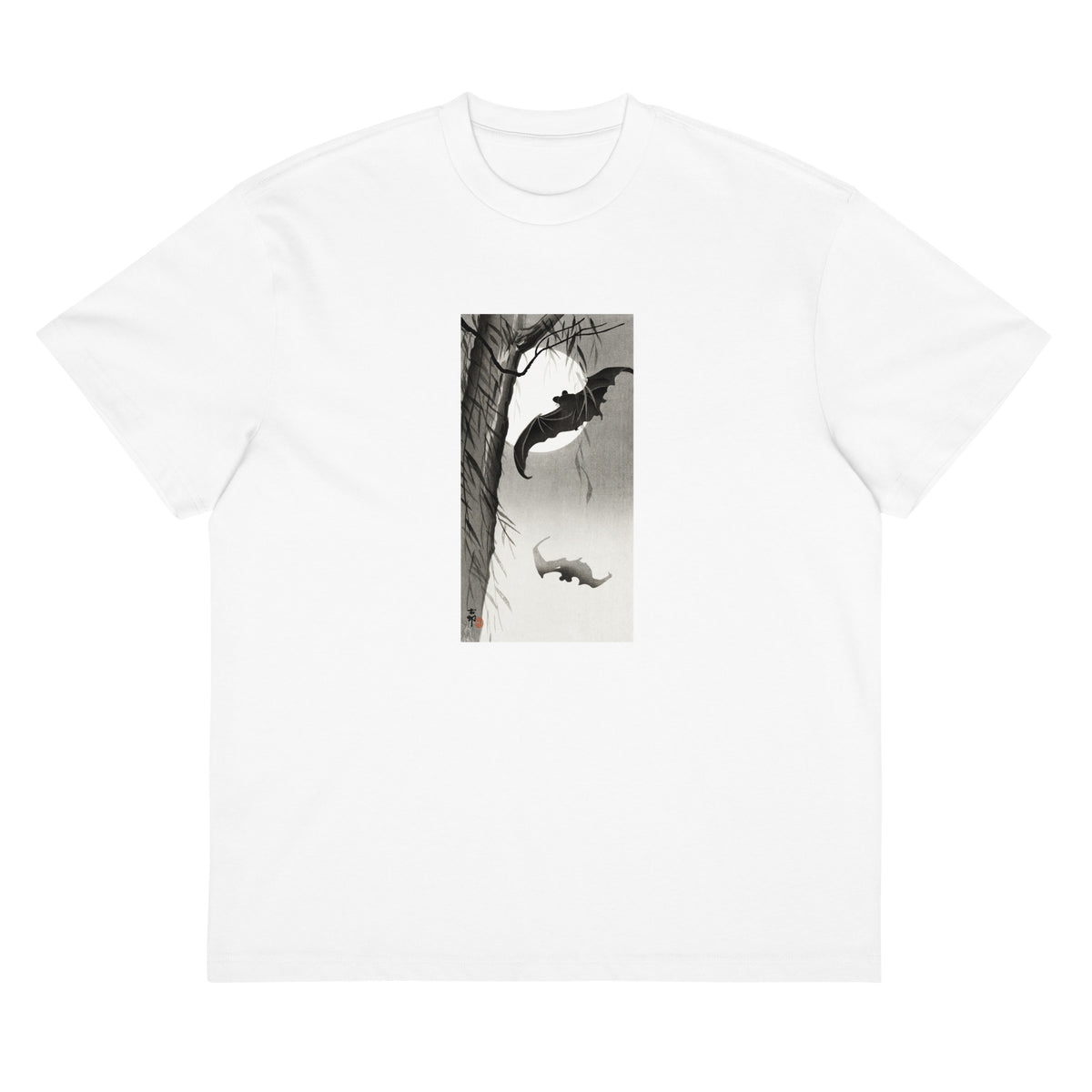 White T-shirt Bats Under The Full Moon - Ohara Koson 1900 Signature