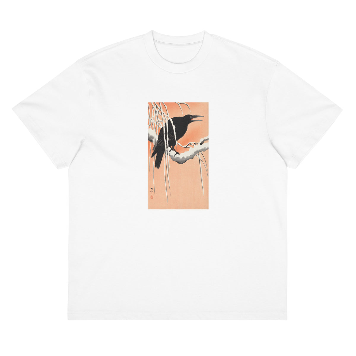White T-shirt Crow On Snowy Branch - Ohara Koson 1900 Signature