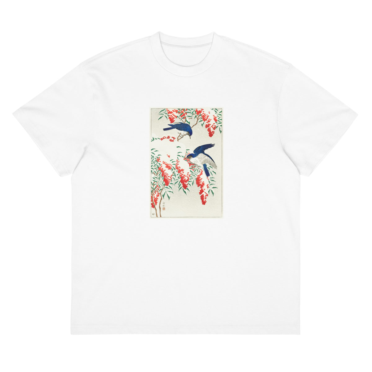 White T-shirt Flycatchers On A Nandina Bush - Ohara Koson 1925 Signature