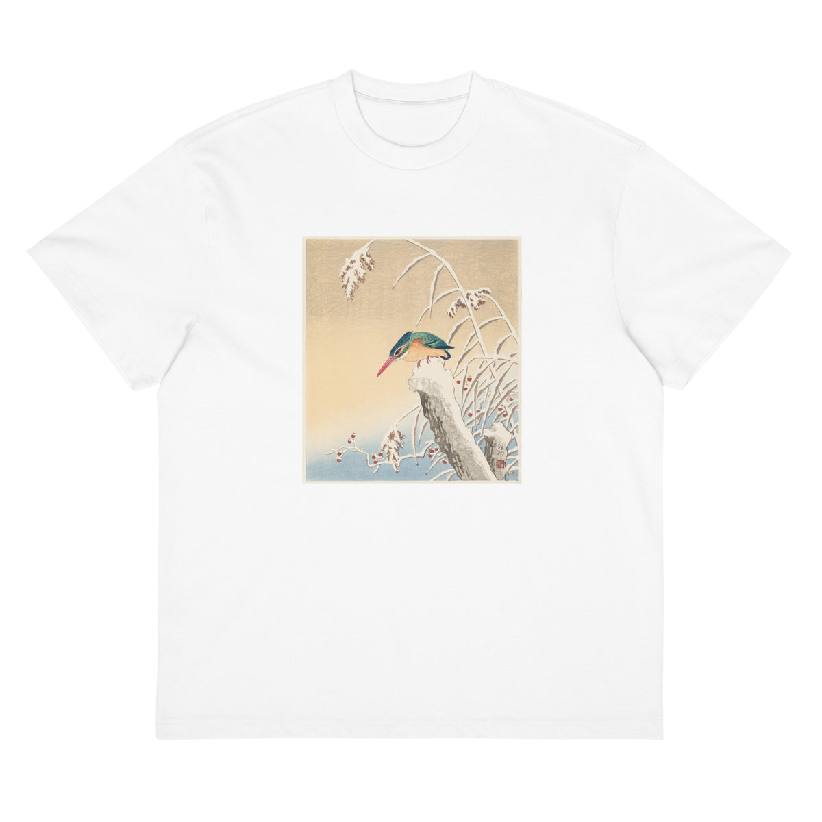 White T-shirt Kingfisher In The Snow - Ohara Koson 1925 Signature