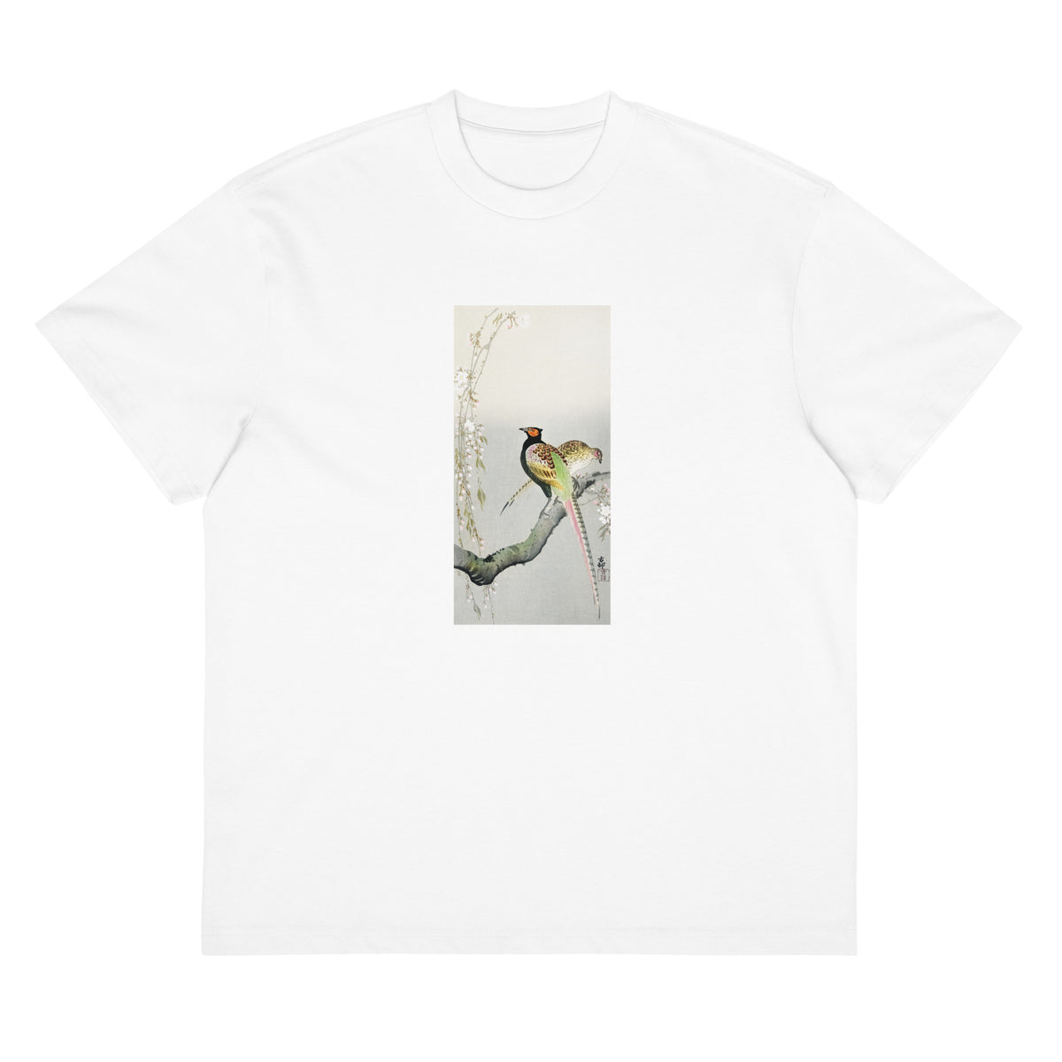 White T-shirt Couple Pheasants And Cherry Blossom - Ohara Koson 1900 Signature