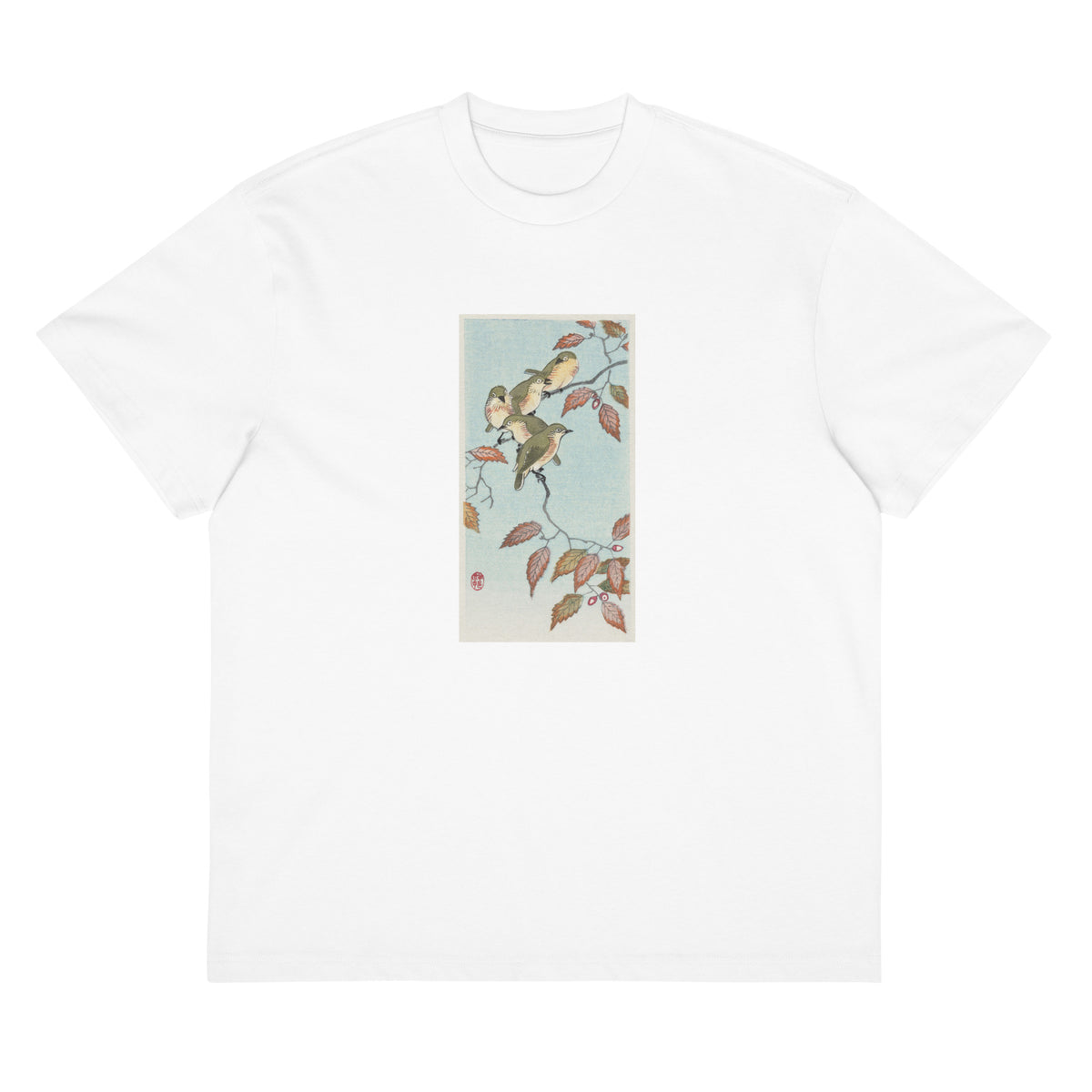 White T-shirt Birds On A Branch - Ohara Koson 1900 Signature