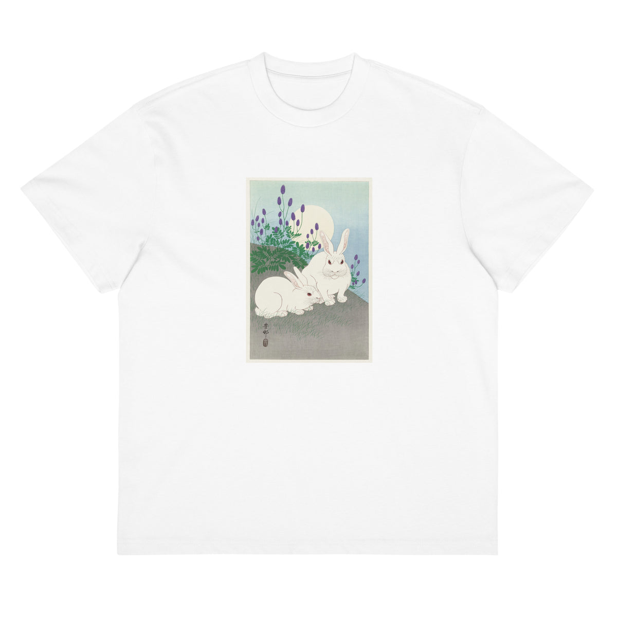 White T-shirt Rabbits At Full Moon - Ohara Koson 1920 Signature
