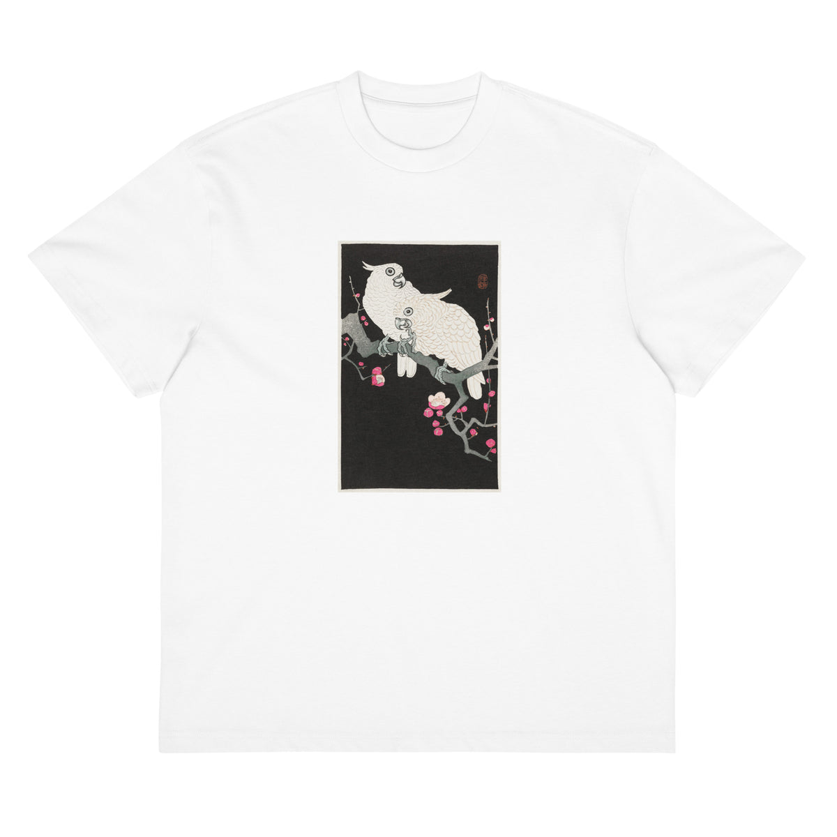White T-shirt Two Cockatoo And Plum Blossom - Ohara Koson 1925 Signature