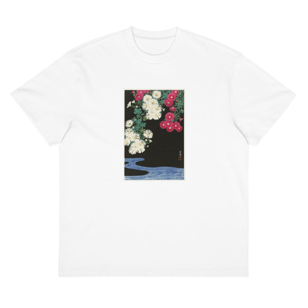 White T-shirt Chrysanthemums - Ohara Koson 1925 Signature