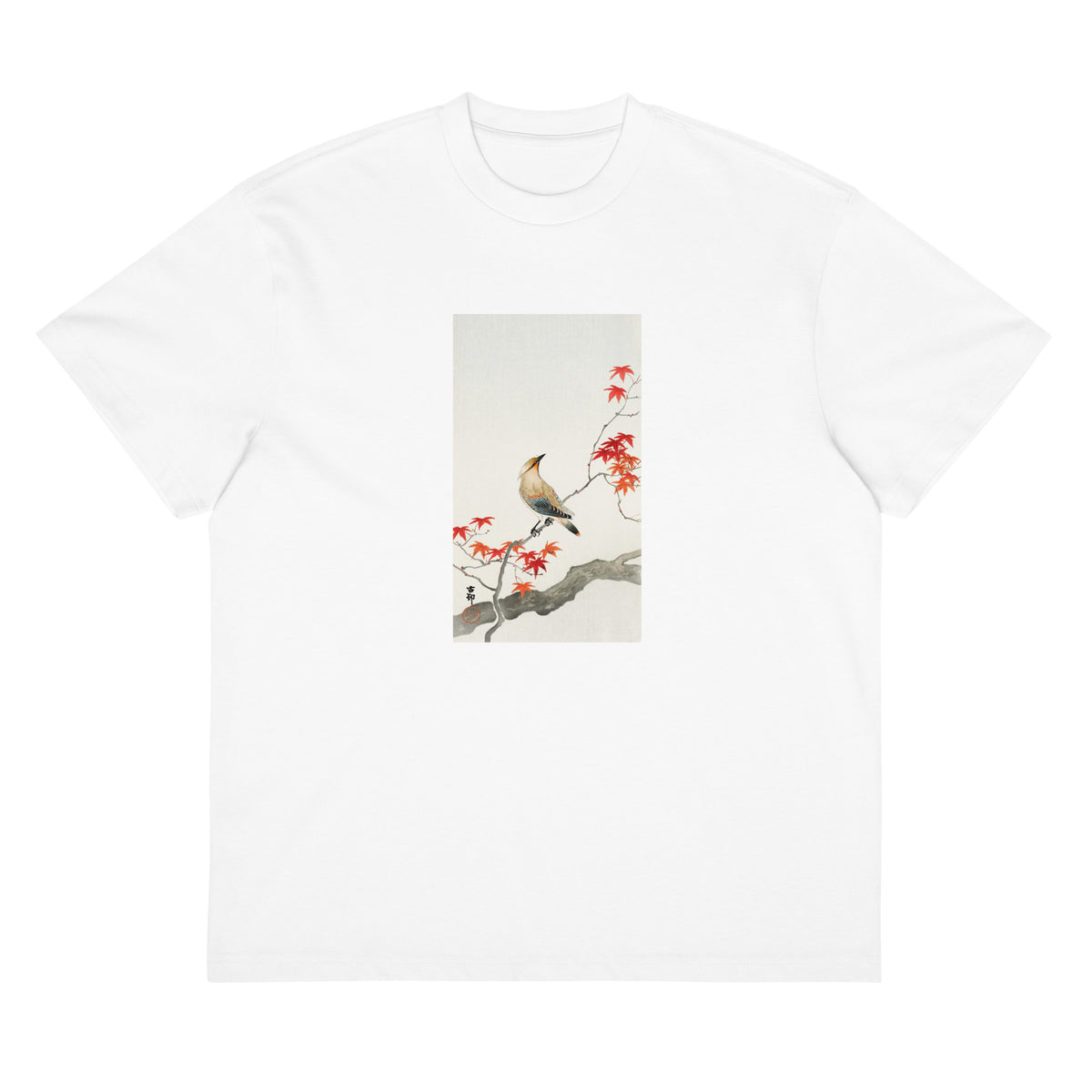 White T-shirt Japanese Plague Bird On Maple - Ohara Koson 1900 Signature