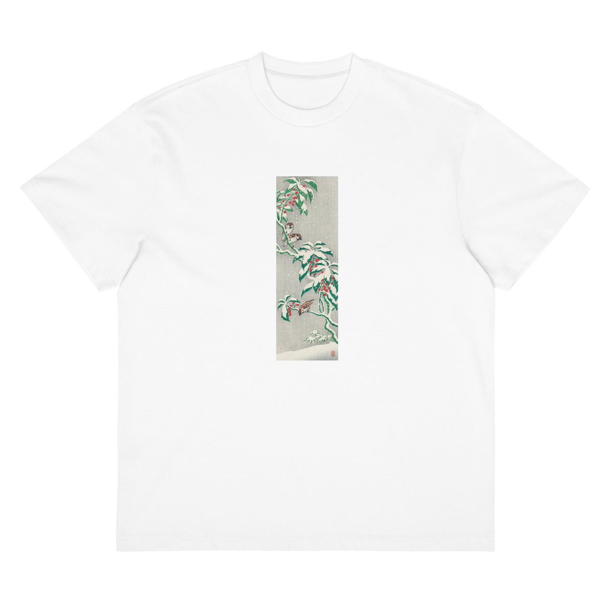 White T-shirt Sparrows On Snowy Berry Bush Signature