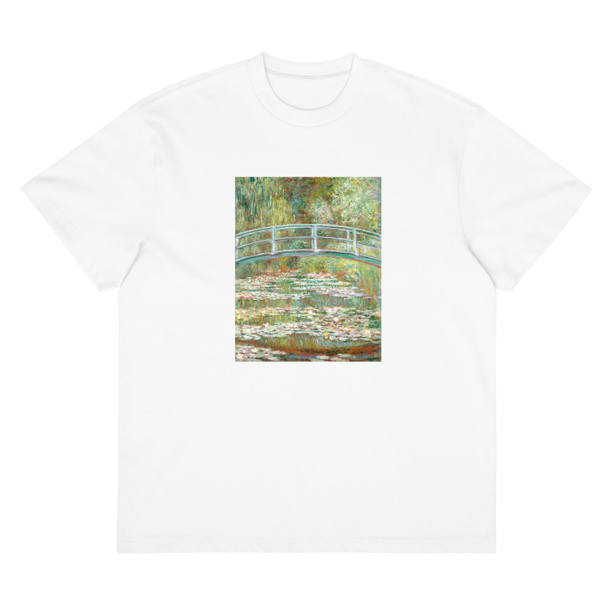 White T-shirt Bridge Over A Pond Of Water Lilies Signature