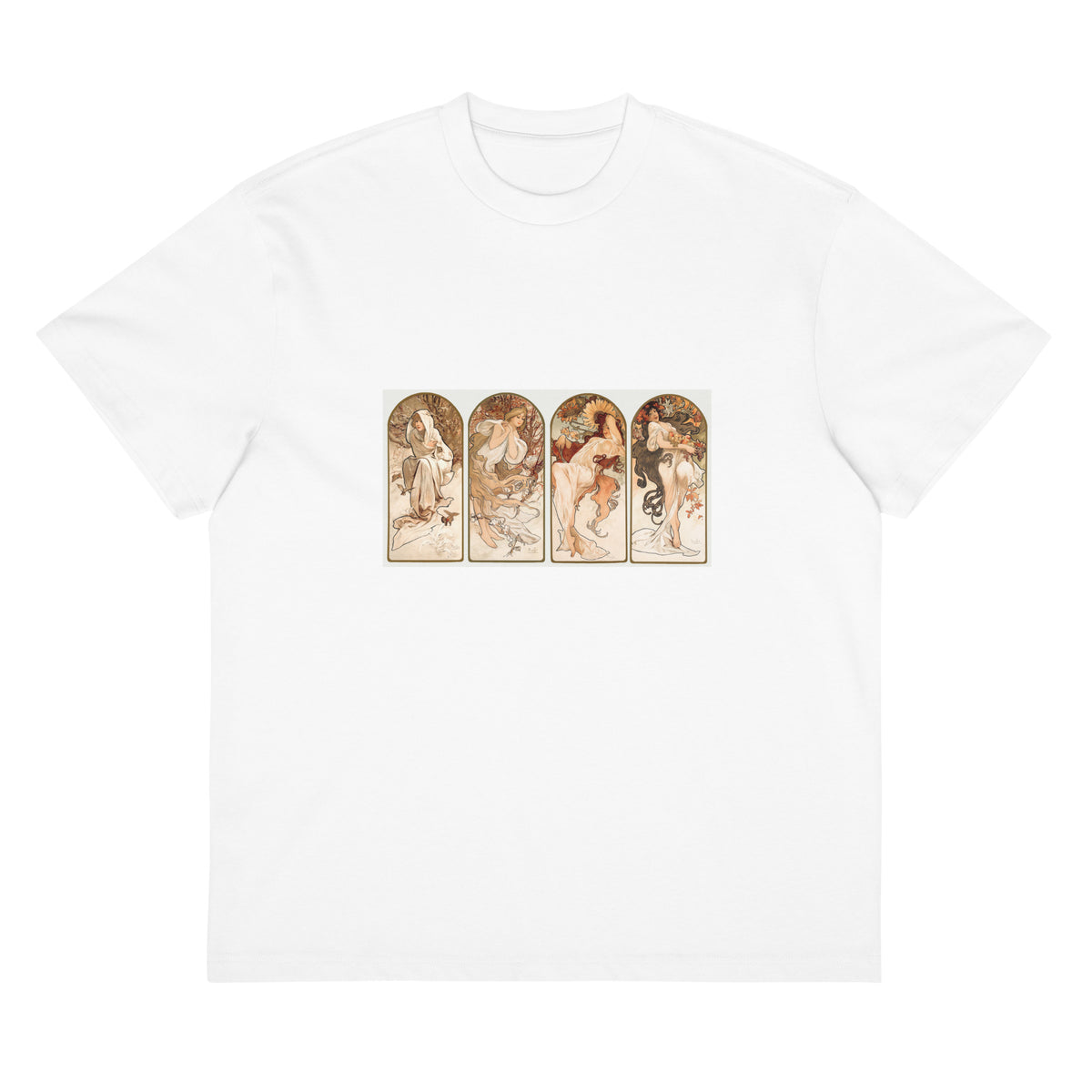 White T-shirt Alphonse Maria Mucha S The Seasons Famous Art Nouveau Artwork Signature