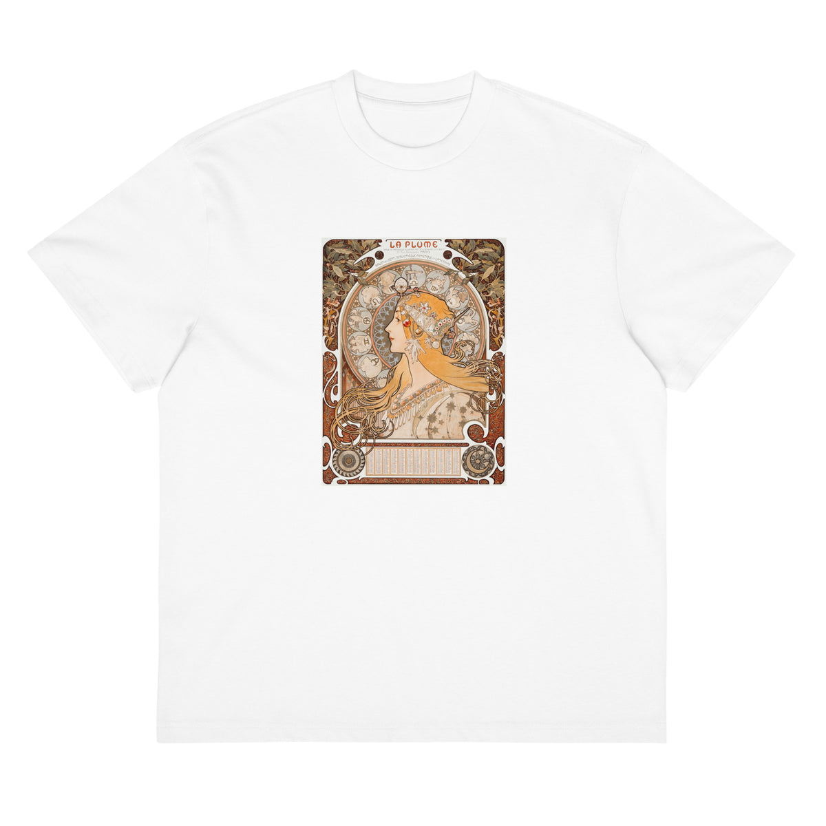 White T-shirt Alphonse Maria Mucha S Zodiaque Or La Plume Famous Art Nouveau Artwork Signature