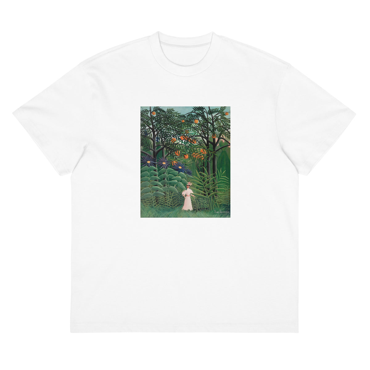 White T-shirt Woman Walking In An Exotic Forest Femme Se Promenant Dans Une Foret Exotique Signature
