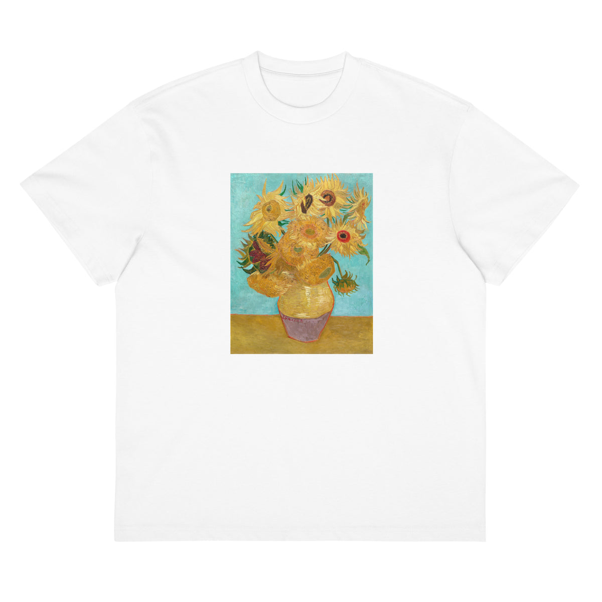 White T-shirt Vincent Van Gogh S Vase With Twelve Sunflowers Famous Painting Signature