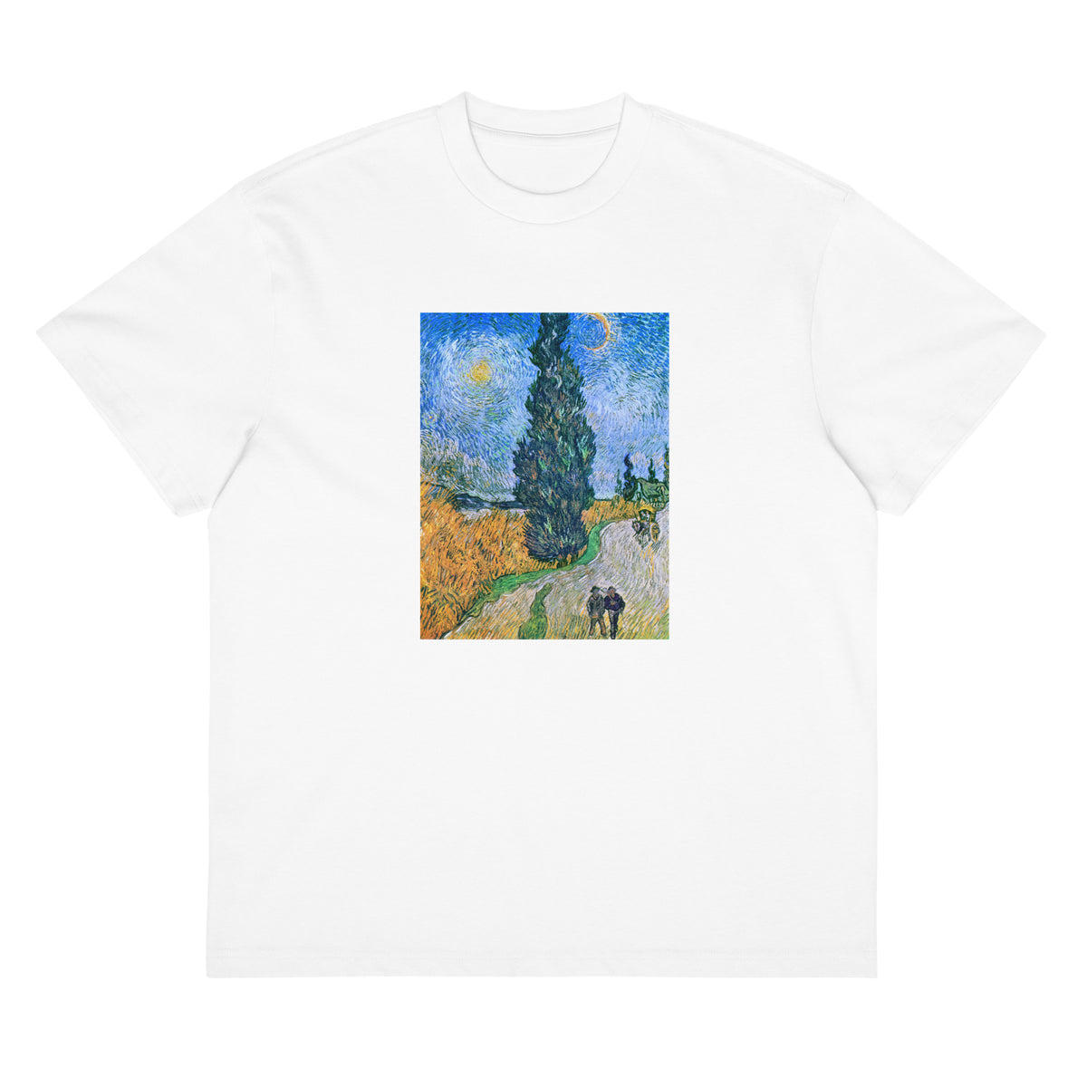 White T-shirt Vincent Van Gogh S Road With Cypress And Star Famous Painting Signature
