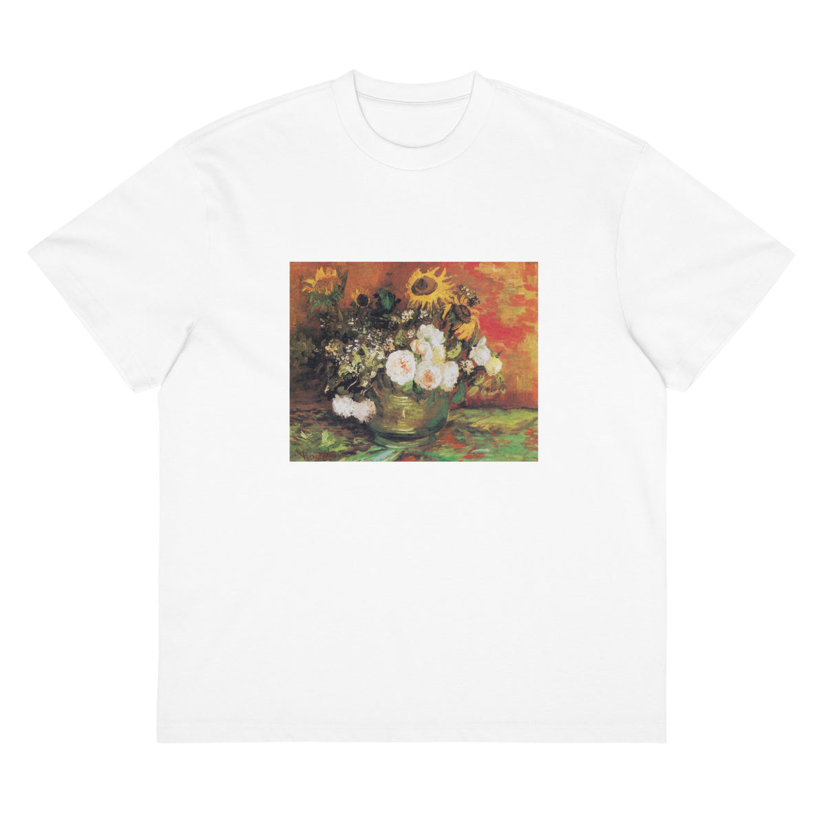 White T-shirt Vincent Van Gogh S Bowl With Sunflowers Roses And Other Flowers Famous Painting Signature